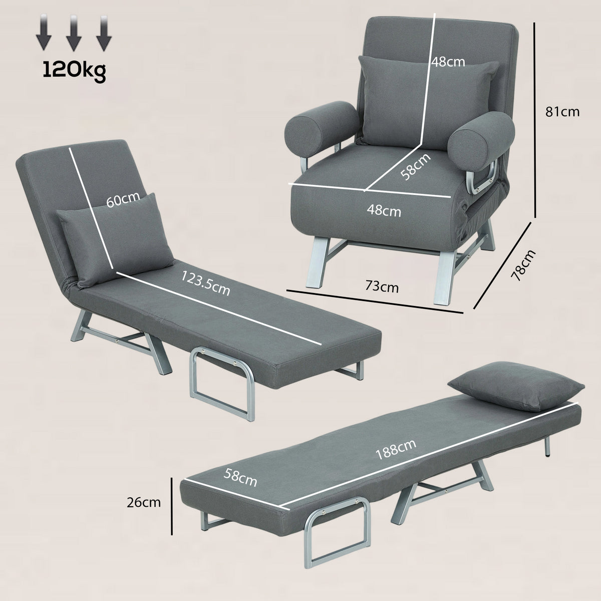 HOMCOM Single Sofa Bed, 3-in-1 Convertible Folding Chair Bed with Adjustable Backrest, Removable Armrests, Dark Grey