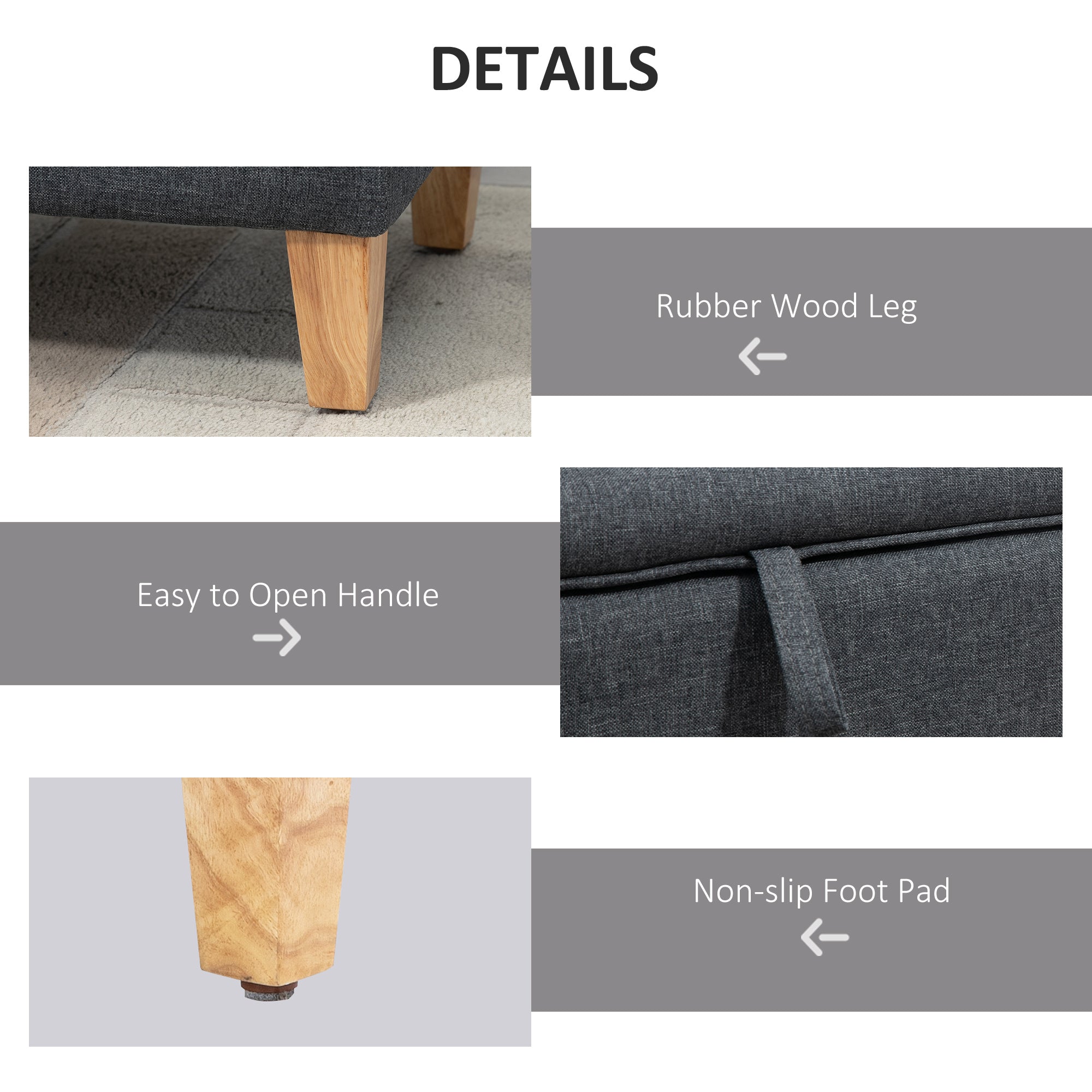 HOMCOM Linen Storage Ottoman Padded Footstool with Rubberwood Legs Ideal for Bed End, Shoe Bench, Seating, Dark Grey - North Peak Garden Furniture