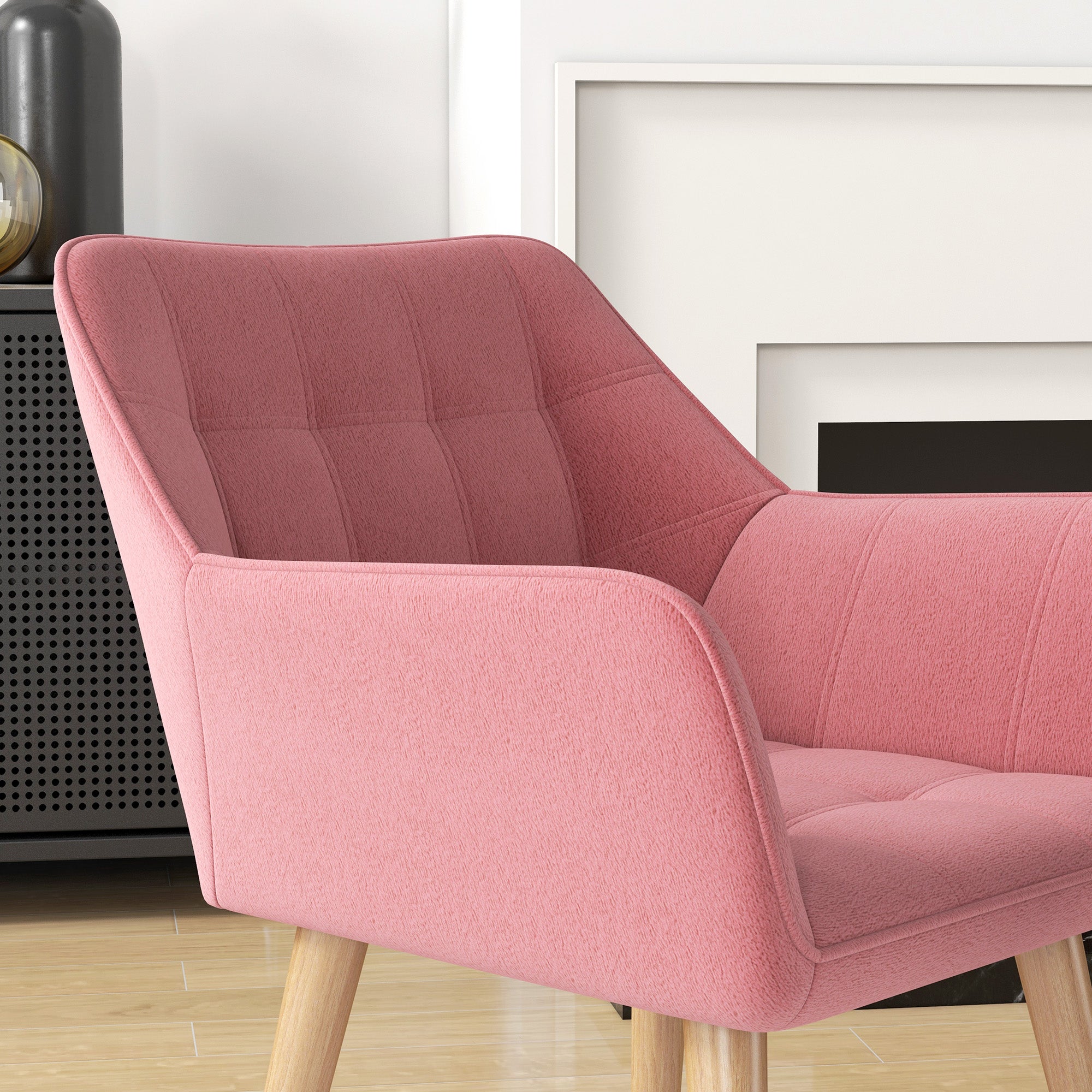 HOMCOM Accent Chair, Arm Chair with Wide Arms, Slanted Back, Thick Padding and Rubber Wooden Legs for Living Room, Pink - North Peak Garden Furniture
