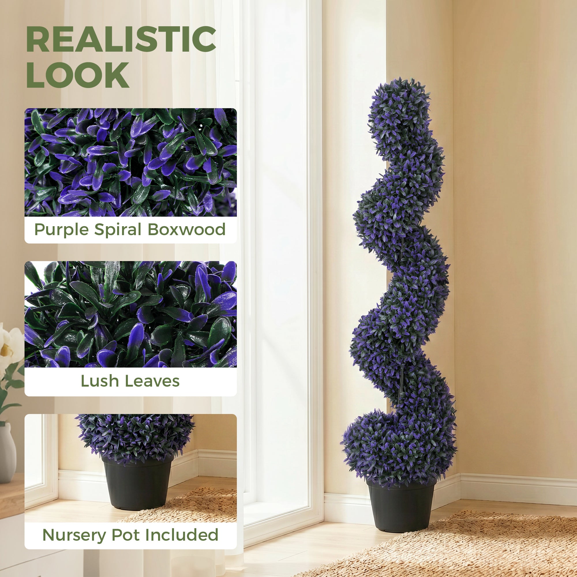 HOMCOM Set of 2 Decorative Artificial Plants, 120cm Artificial Boxwood Spiral Topiary Tree with 840 Leaves, UV Resistant