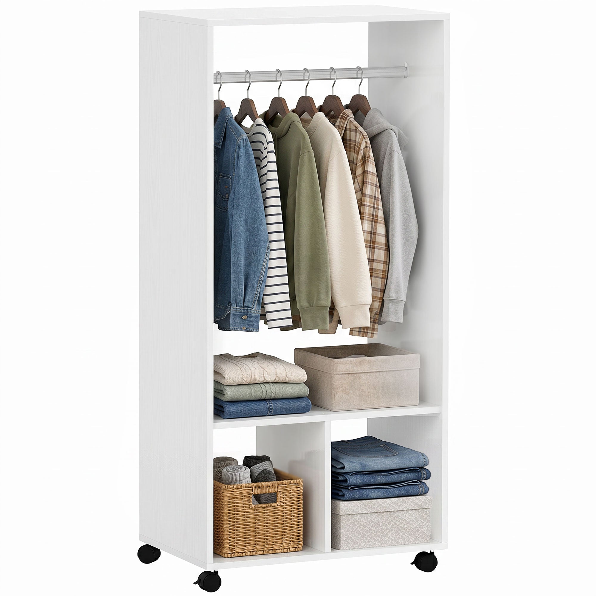 HOMCOM Open Wardrobe for Bedroom, Small Wardrobe on Wheels with Clothes Rail, Storage Shelves, Mobile Garment Rack for Clothes Storage, Cloakroom, Hallway, White