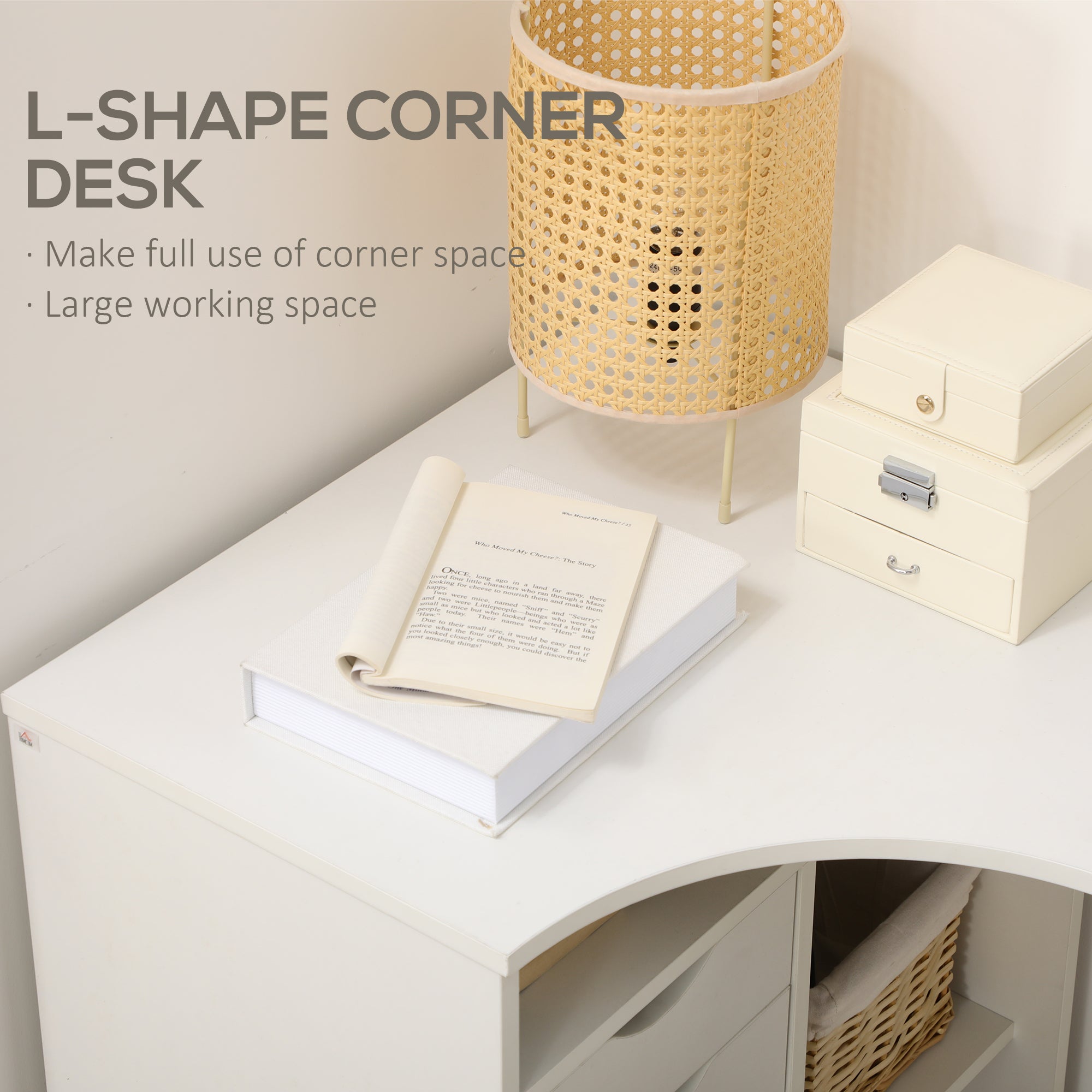 HOMCOM L Shaped Desk, 120cm Computer Desk, Corner Desk with 2 Drawers and 3 Storage Compartments for Home Office, Study Workstation, White - North Peak Garden Furniture