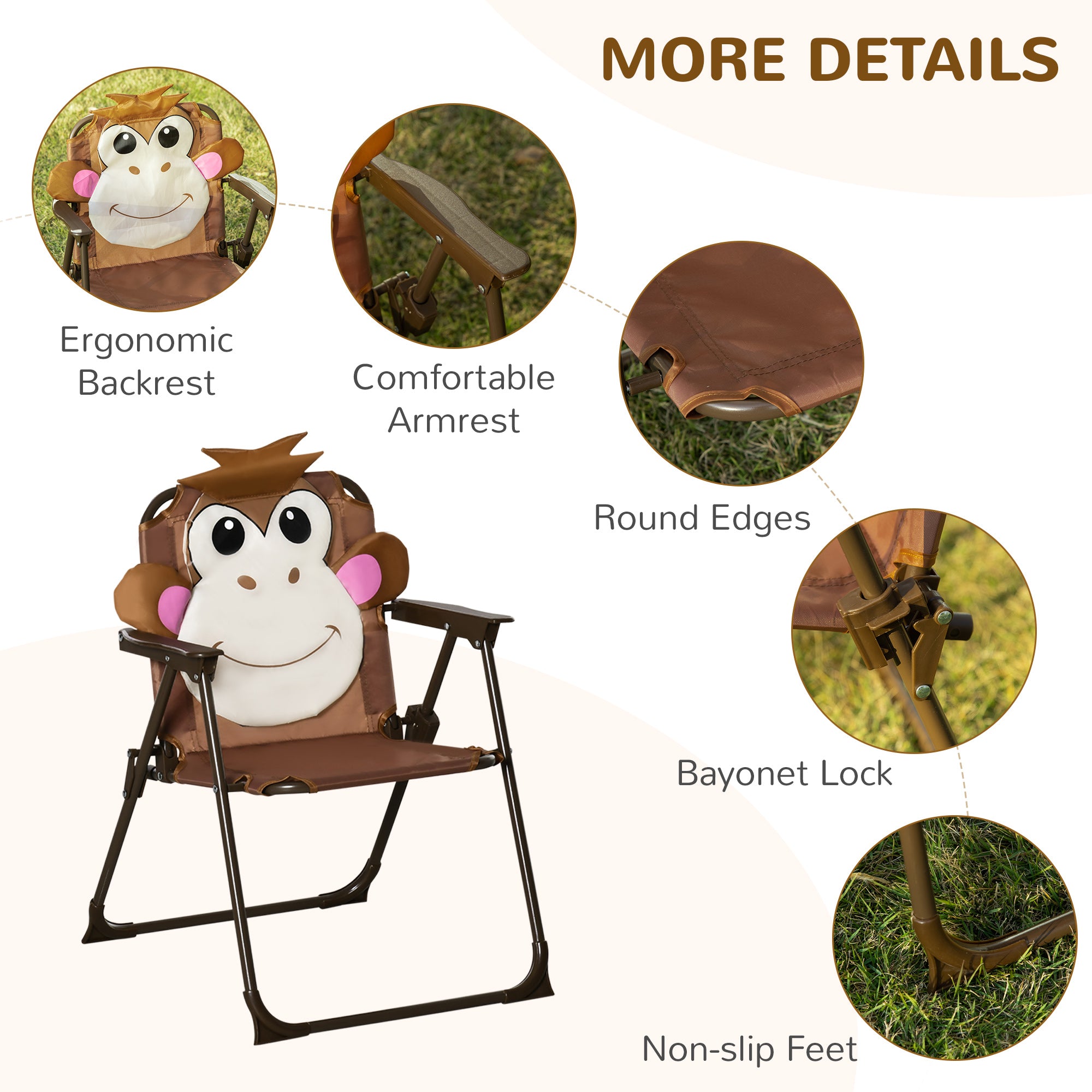 Outsunny Kids Bistro Table and Chair Set, Outdoor Folding Garden Furniture w/Monkey Design, Removable, Adjustable Sun Umbrella, Ages 3-6 Years - Brown - North Peak Garden Furniture