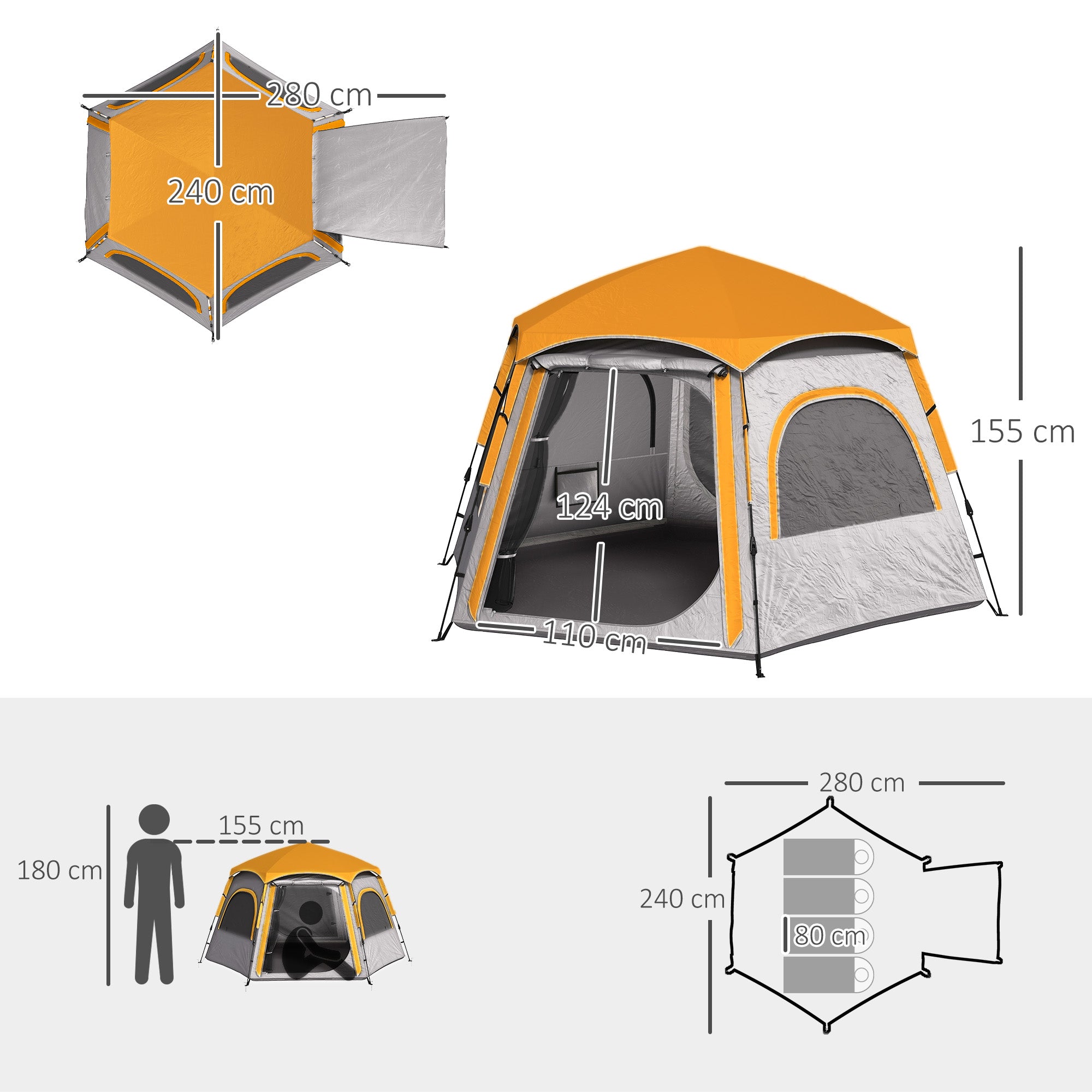Outsunny Instant Camping Tent, 2/3/4 Person Easy Setup Family Tent with Vestibule, Rainfly, 4 Mesh Windows & 2 Doors, Hexagonal Design, Waterproof UV Protected Dome Tent, Light Grey - North Peak Garden Furniture