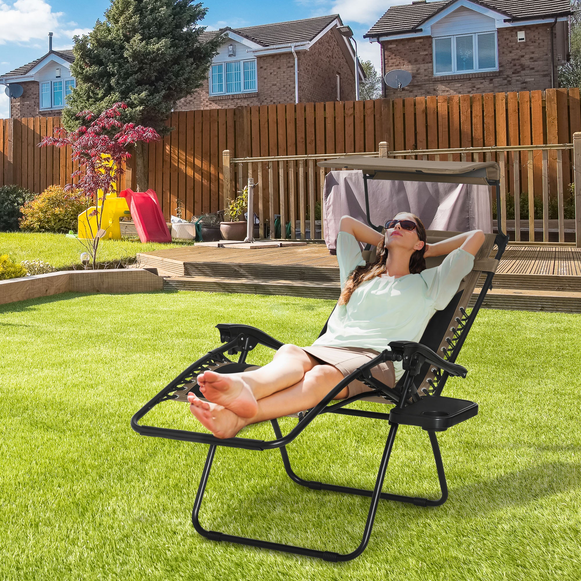 Outsunny Zero Gravity Lounger Chair, Folding Reclining Patio Chair with Shade Cover, Cup Holder, Soft Cushion and Headrest for Poolside, Camping, Brown - North Peak Garden Furniture