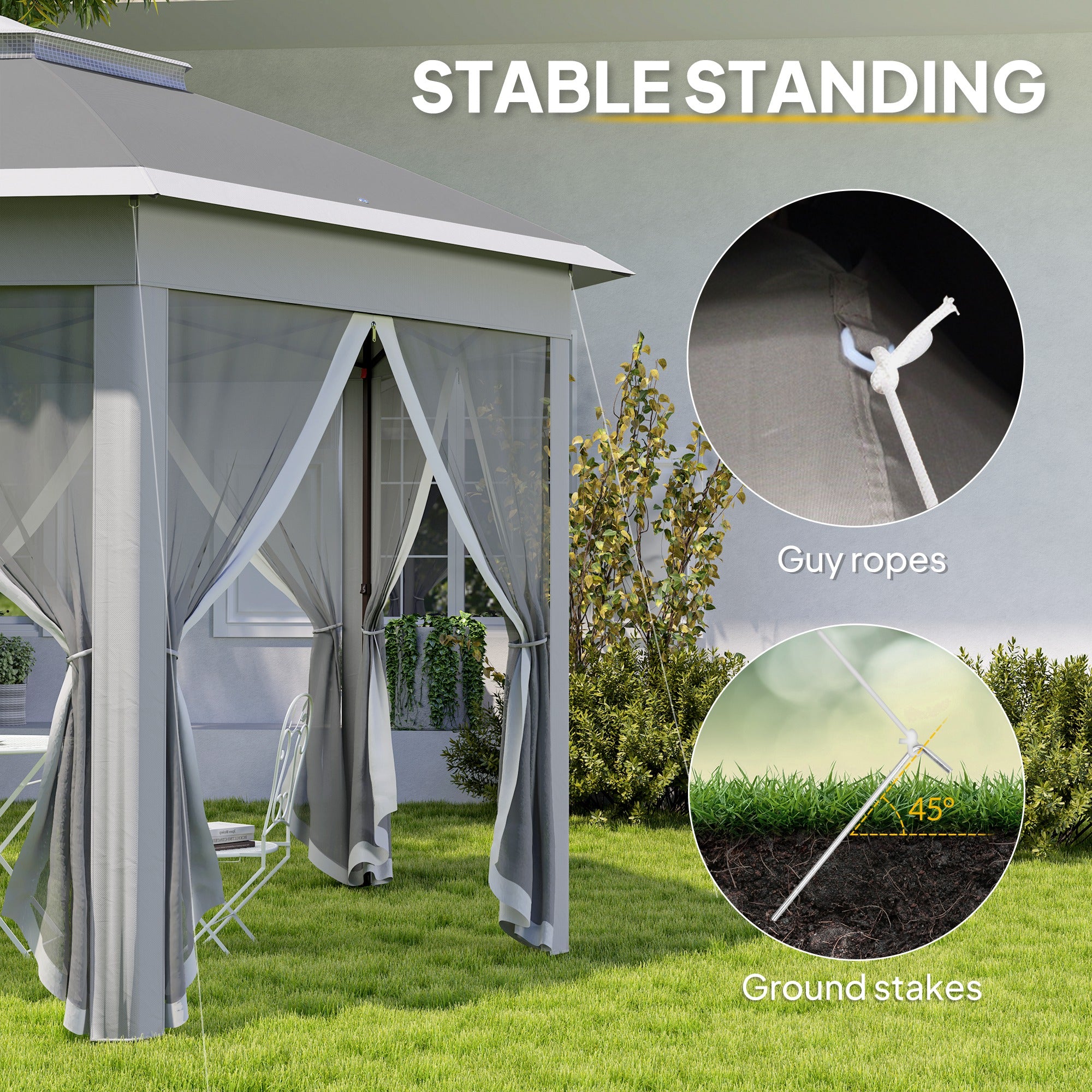 Outsunny 3 x 4m Garden Gazebo Hexagon Pop Up Party Tent Canopy Double Roof Instant Shelter with Netting and Carry Bag for Outdoor Patio, Dark Grey - North Peak Garden Furniture