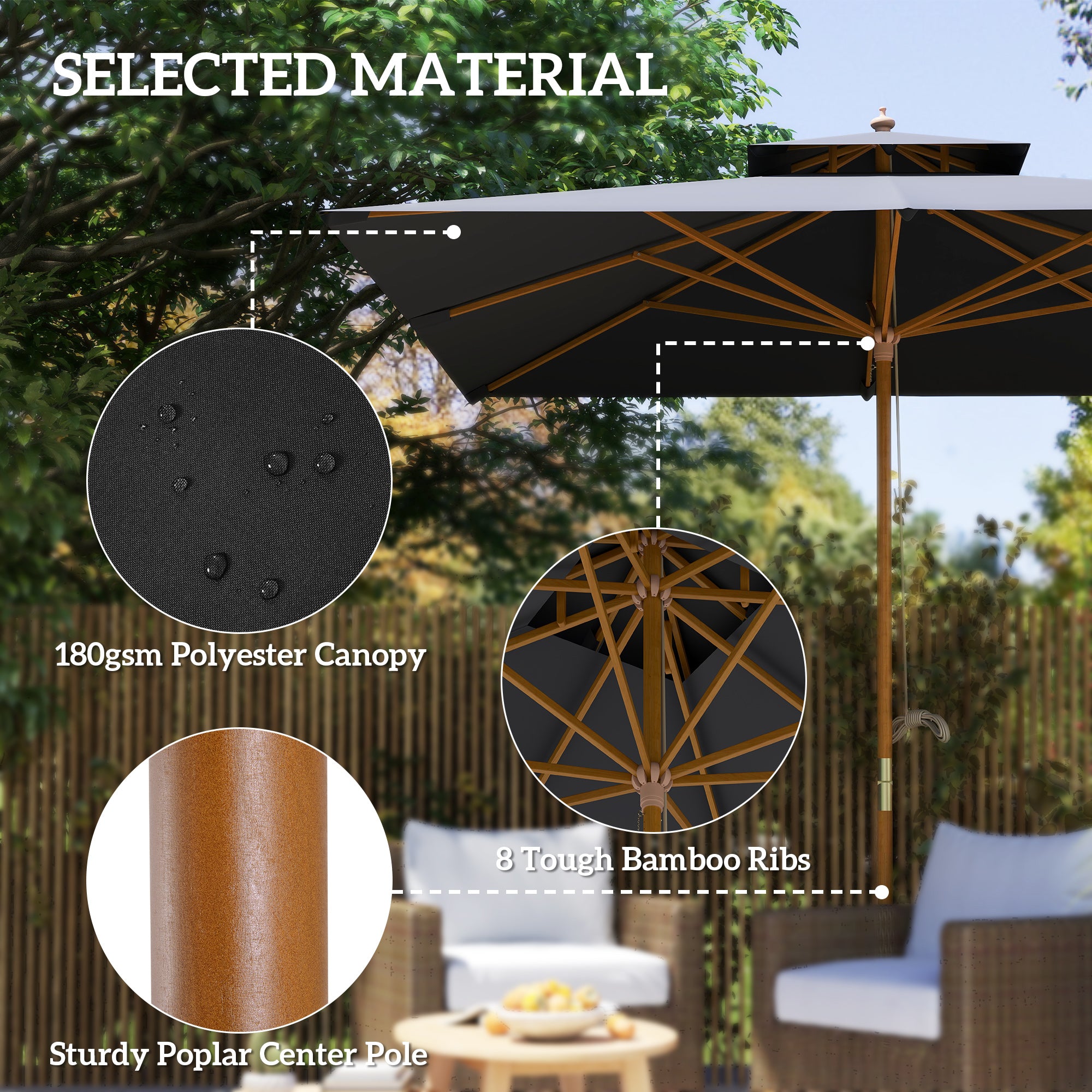 Outsunny 3 m Square Canopy Parasol - Black - North Peak Garden Furniture