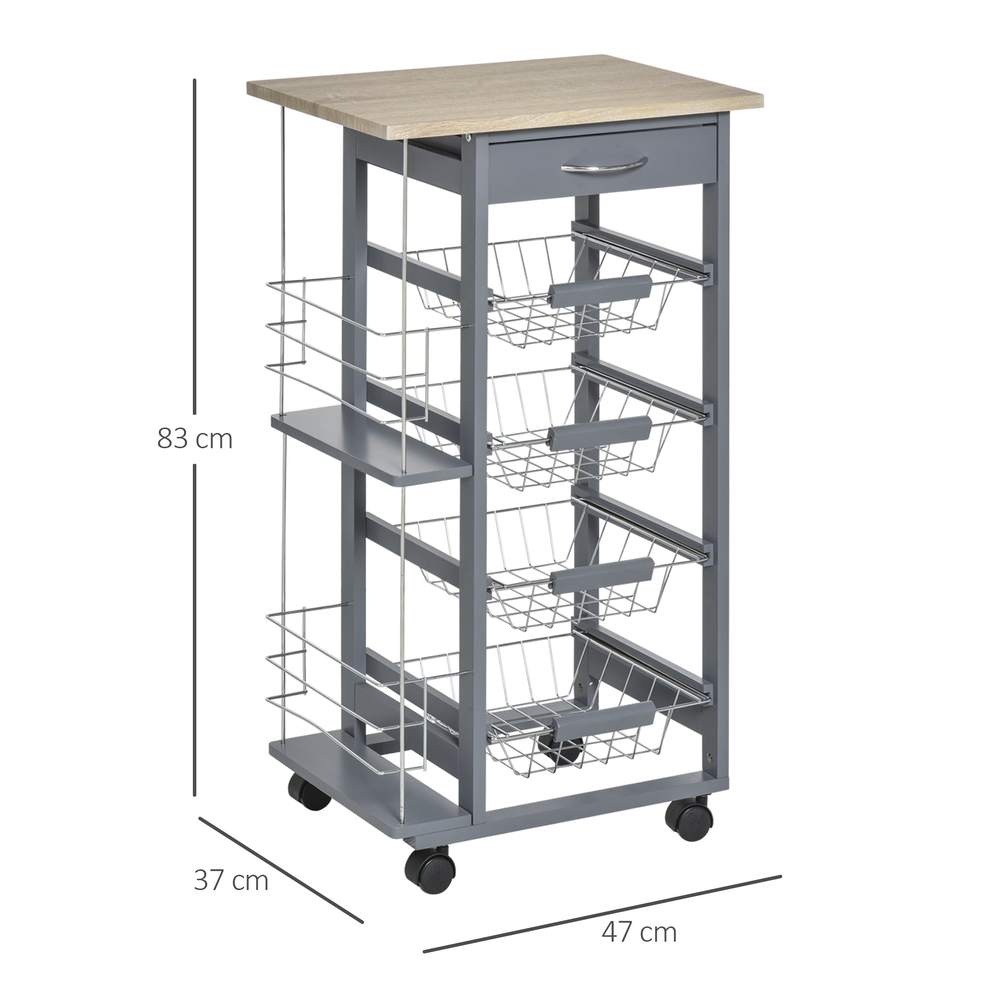 HOMCOM Rolling Kitchen Cart, Utility Storage Cart with 4 Basket Drawers & Side Racks, Wheels for Dining Room, Grey