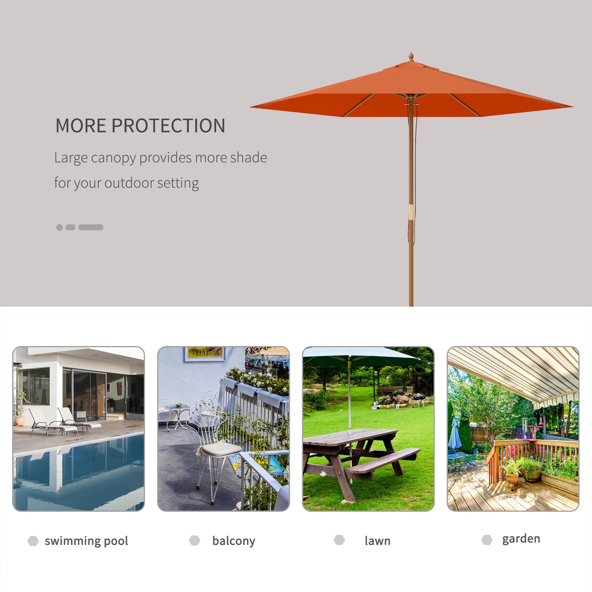 Outsunny 2.5m Wood Garden Parasol Sun Shade Patio Outdoor Wooden Umbrella Canopy Orange - North Peak Garden Furniture