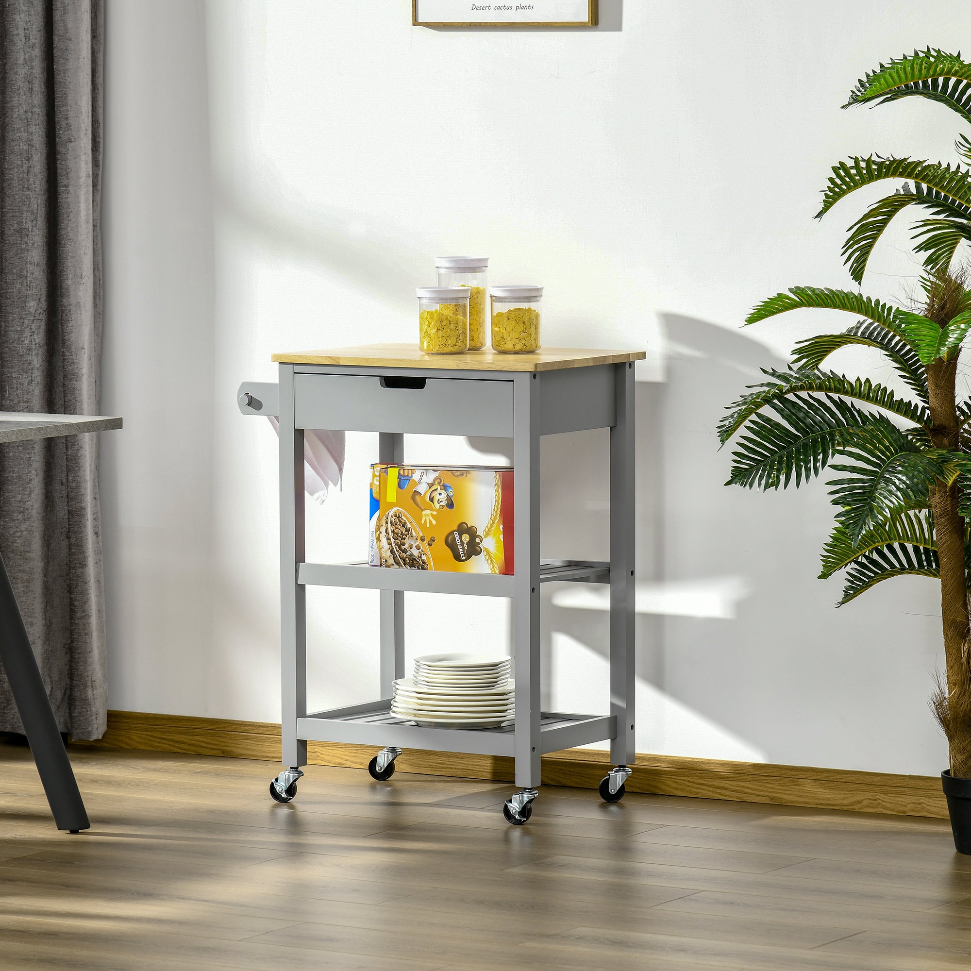 HOMCOM Kitchen Trolley Utility Cart on Wheels with Rubberwood Worktop, Towel Rack, Storage Shelves & Drawer for Dining Room, Grey - North Peak Garden Furniture