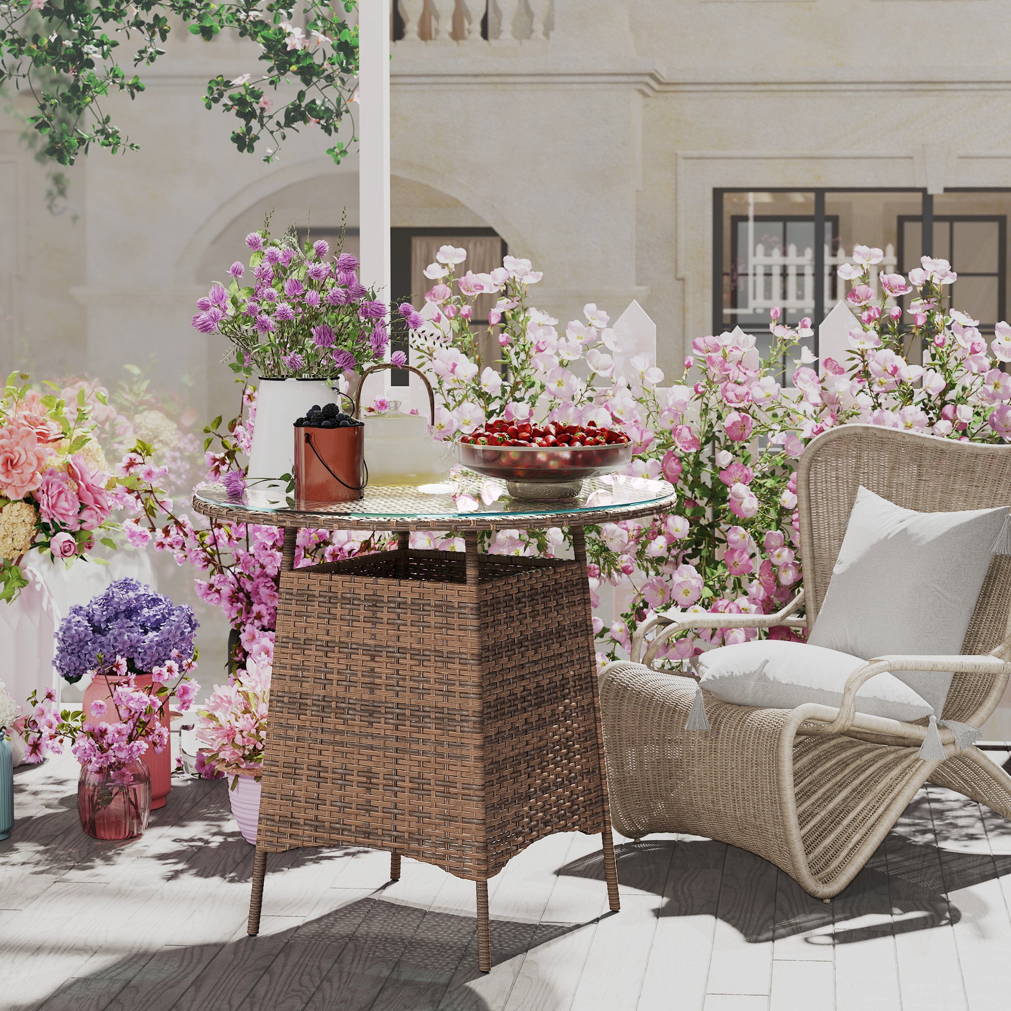 Outsunny Wicker Garden Rattan Table, Patio Furniture Outdoor Coffee Table with Umbrella Hole and Tempered Glass Top, Brown - North Peak Garden Furniture