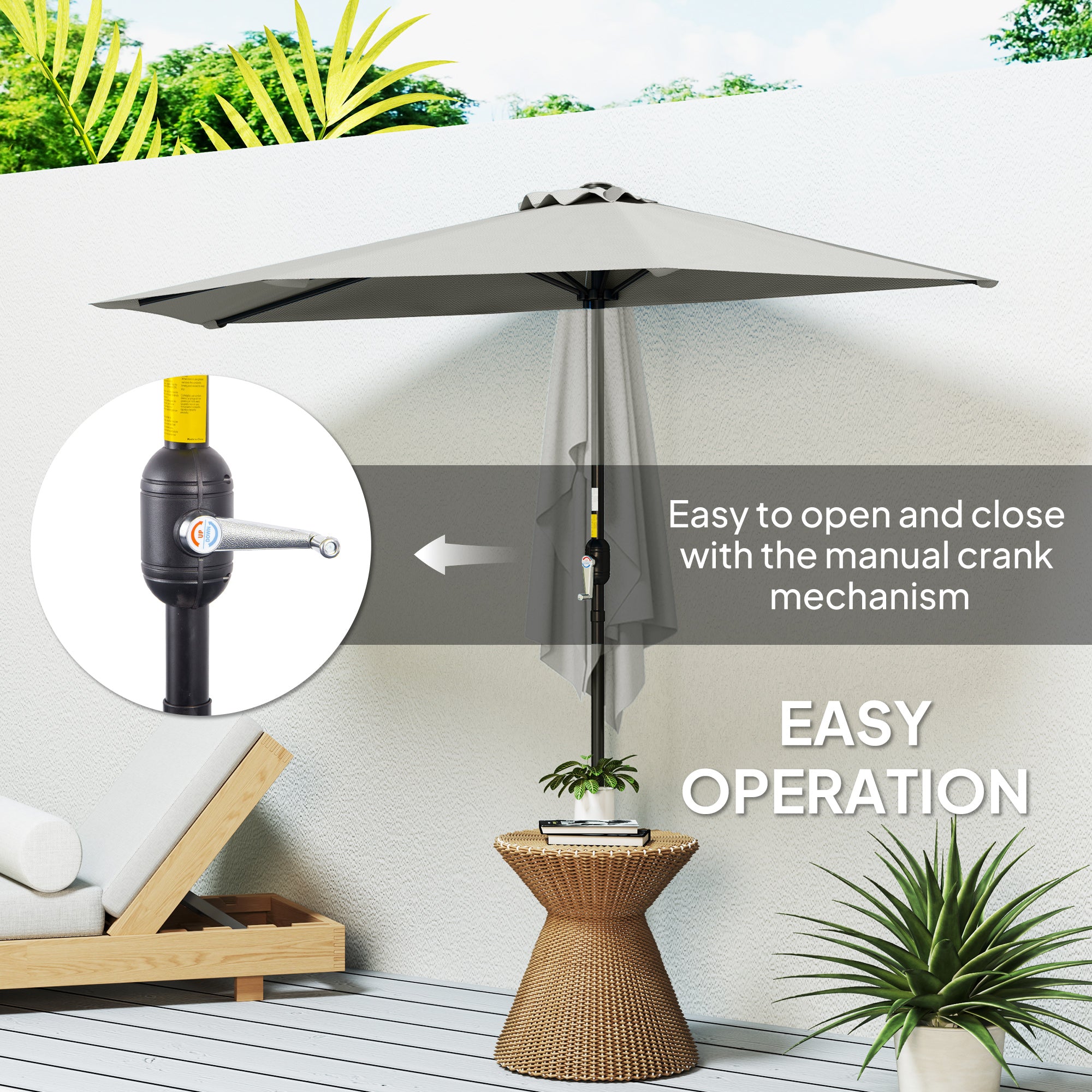 Outsunny Half Round Parasol Umbrella - Light Grey - North Peak Garden Furniture