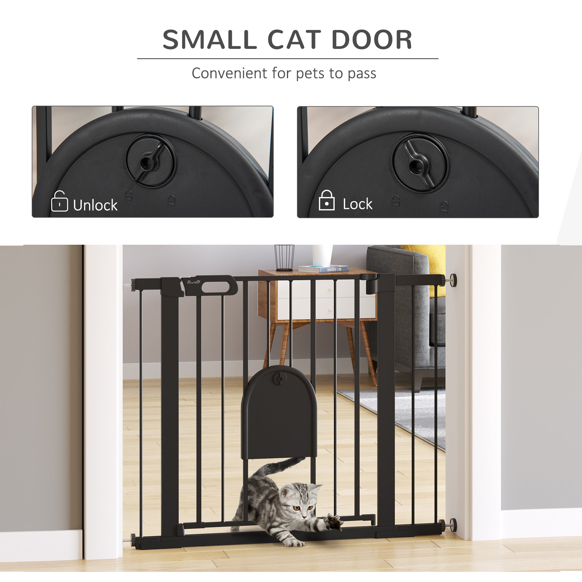 PawHut Dog Gate with Cat Flap Pet Safety Gate Barrier, Stair Pressure Fit, Auto Close, Double Locking, for Doorways, Hallways, 75-103 cm Black