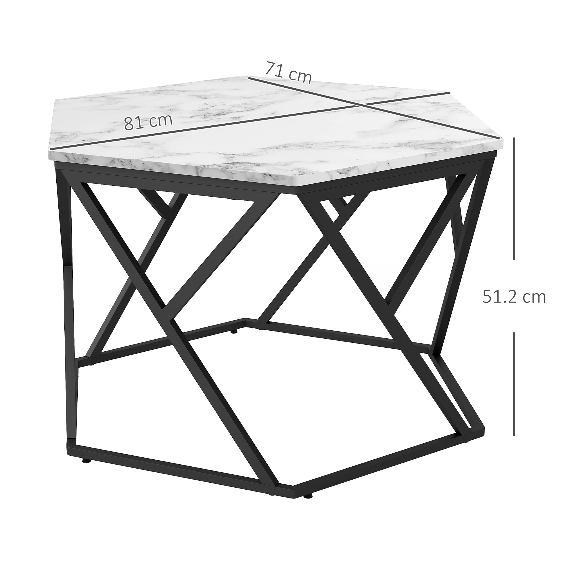 HOMCOM Hexagonal Coffee Table with High Gloss Marble Effect Table Top, Modern Cocktail Table with Steel Frame for Living Room, White - North Peak Garden Furniture