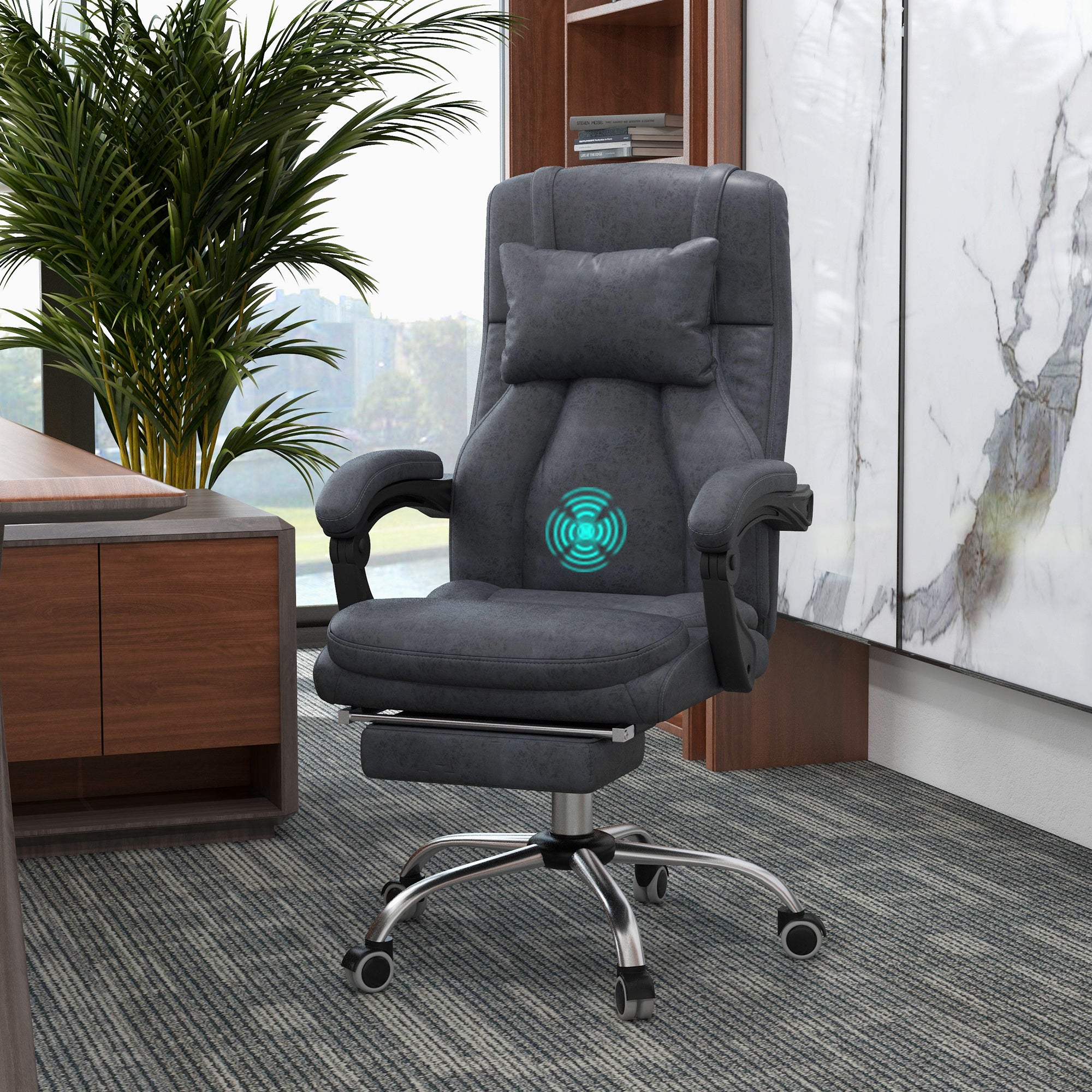 Vinsetto Office Chair with Lumbar Massage, 135° Reclining Computer Chair with Adjustable Headrest, Retractable Footrest, 10cm Double Padded Seat, Microfiber Fabric, Metal Base, Dark Grey - North Peak Garden Furniture
