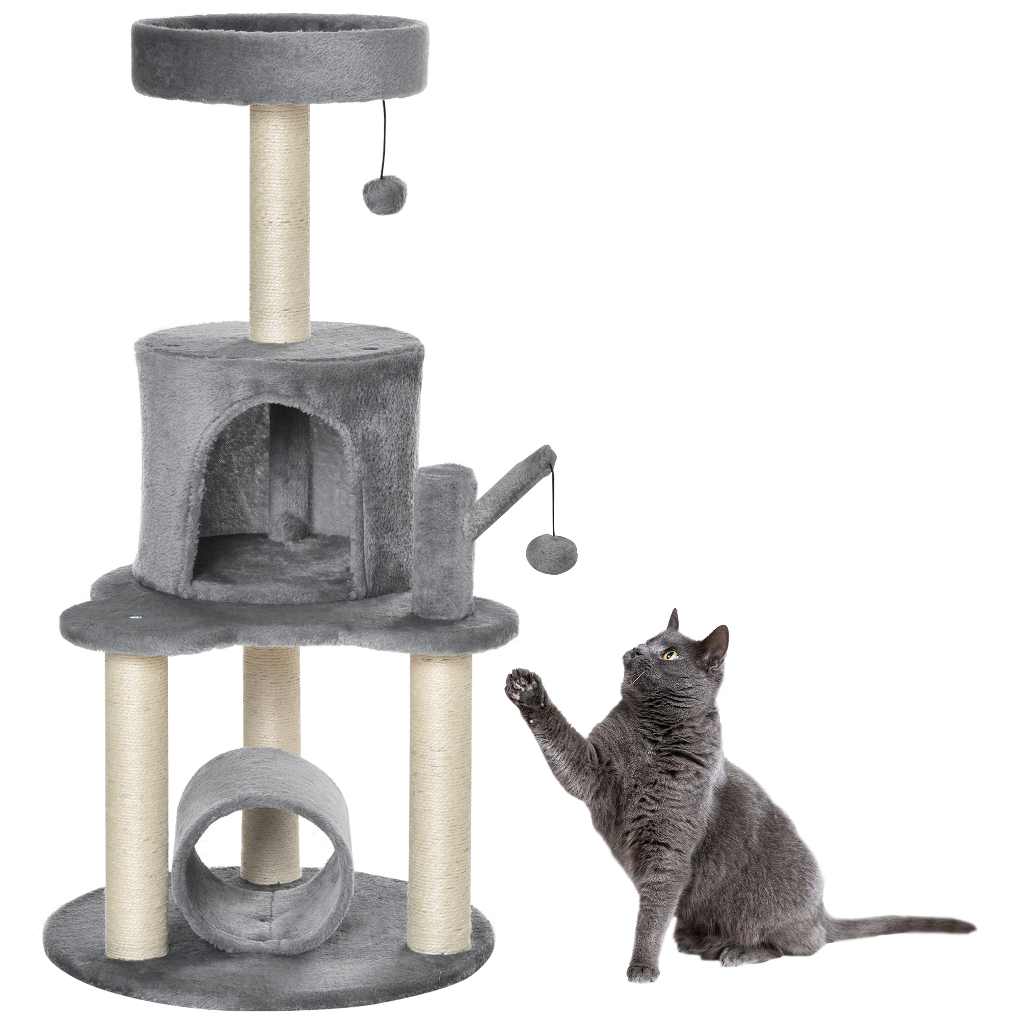 PawHut Cat Tree Tower for Indoor Cats Climbing Activity Center Kitten Furniture with Jute Scratching Post Bed Tunnel Perch Hanging Balls Grey