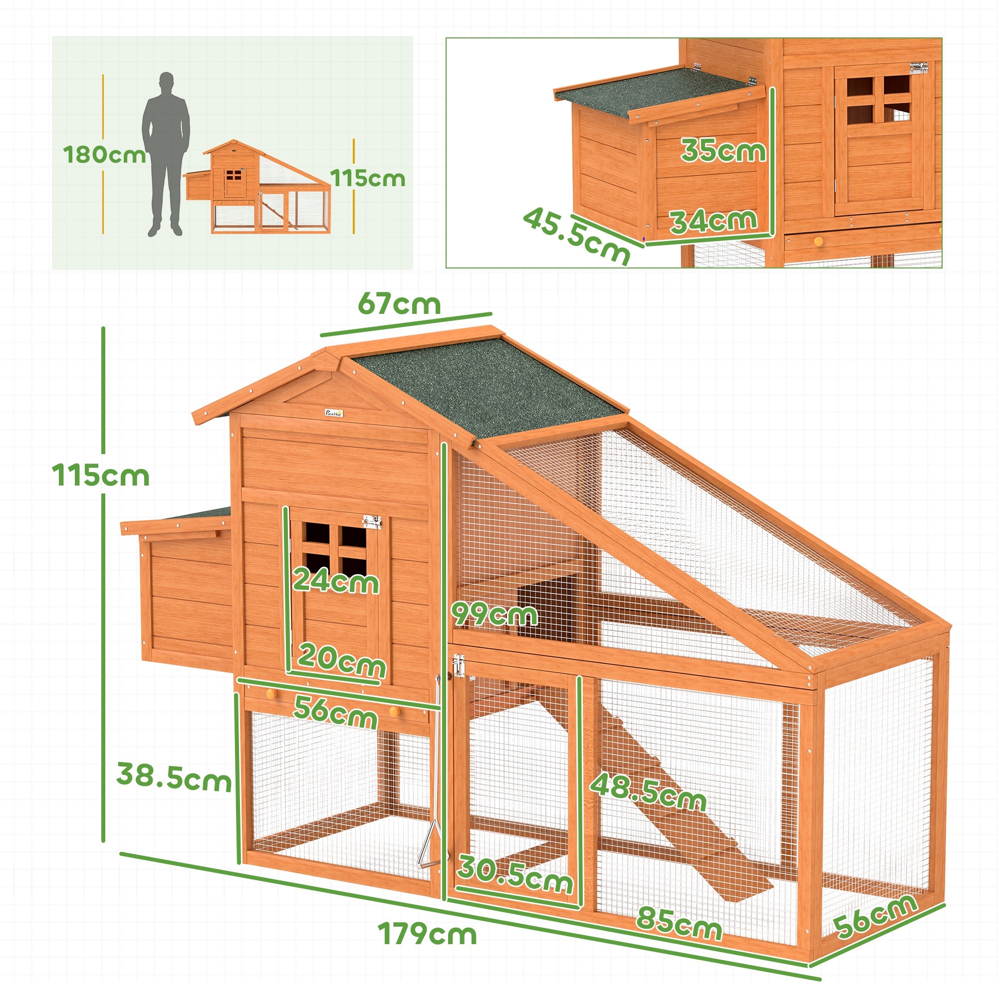 PawHut Wooden Chicken Coop with Run, Nesting Box, Slide-out Tray, Ramp, Perches, Asphalt Roof, 179 x 67 x 115cm - North Peak Garden Furniture