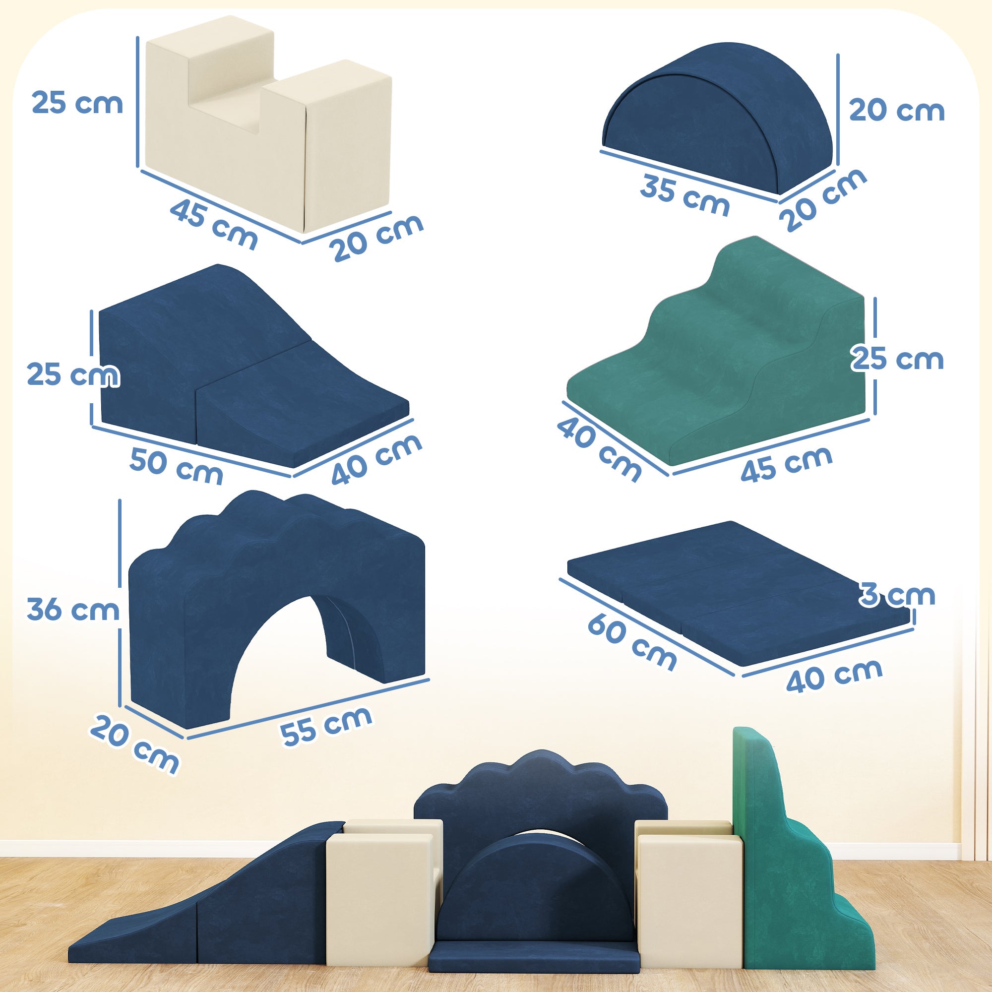 AIYAPLAY 7 Piece Kids Soft Play Set with Detachable Cover, Baby Indoor Climb and Crawl Foam Toy for Toddlers, Dark Blue