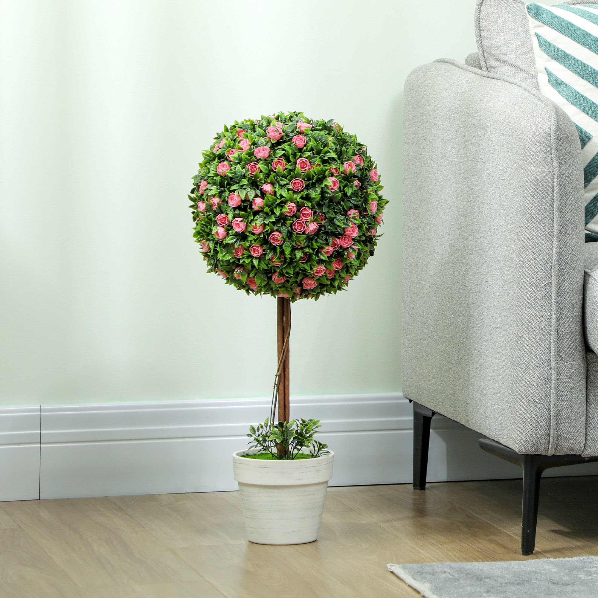 HOMCOM Set of 2 Decorative Artificial Plants, Ball Topiary Tree with Rose Flower in Pot, Fake Plants for Home Indoor Outdoor Decor, 60cm, Pink - North Peak Garden Furniture