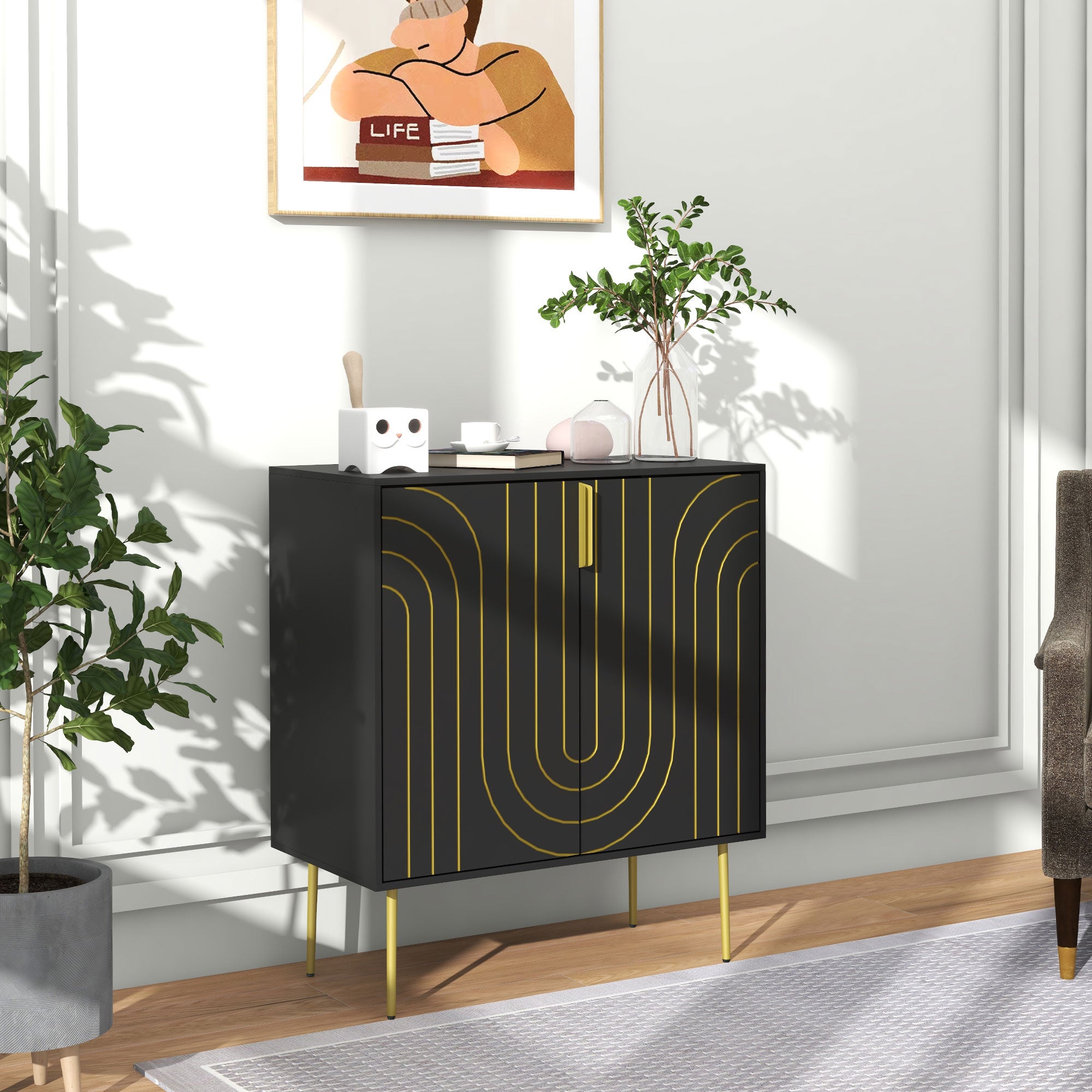 HOMCOM Art Deco Inspired Sideboard, with Adjustable Shelf - Black/Gold Tone - North Peak Garden Furniture