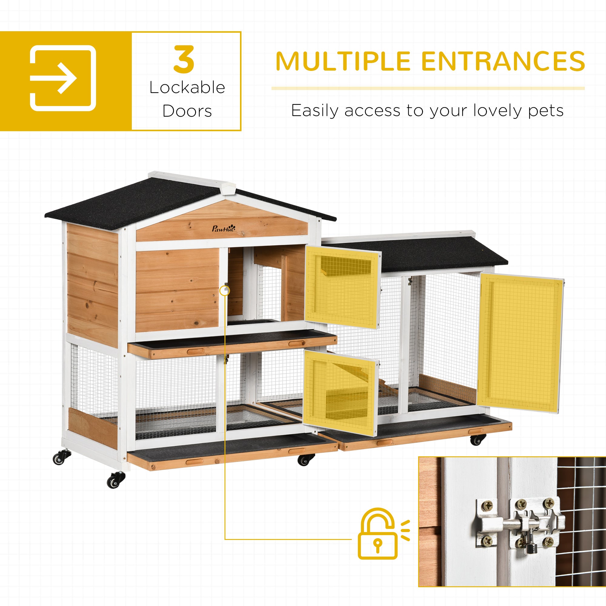 PawHut Rabbit Hutch Outdoor with Run Guinea Pig Hutch 2-Tier Bunny Cage w/ Wheels No-Leak Plastic Tray 157.4 x 53 x 99.5 cm - Yellow - North Peak Garden Furniture