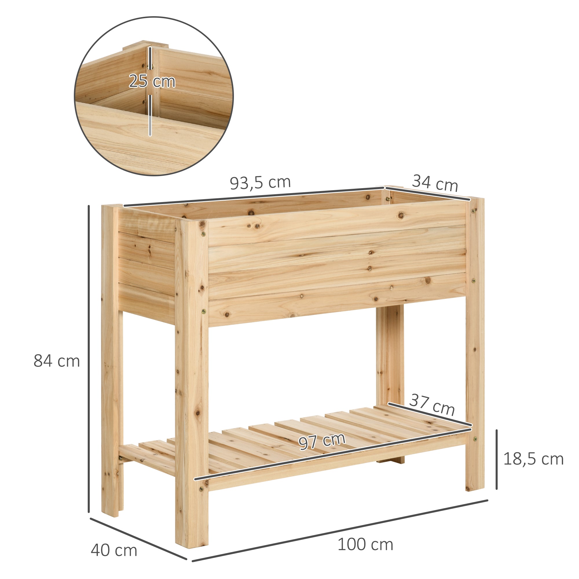 Outsunny Raised Planter Bed: Tall Wooden Garden Stand with Clapboard Sides, Natural Wood Finish, 100 x 40 x 84cm