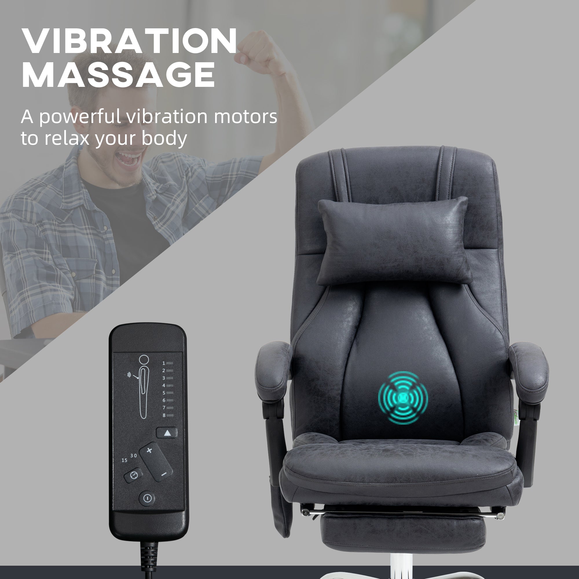 Vinsetto Office Chair with Lumbar Massage, 135° Reclining Computer Chair with Adjustable Headrest, Retractable Footrest, 10cm Double Padded Seat, Microfiber Fabric, Metal Base, Dark Grey