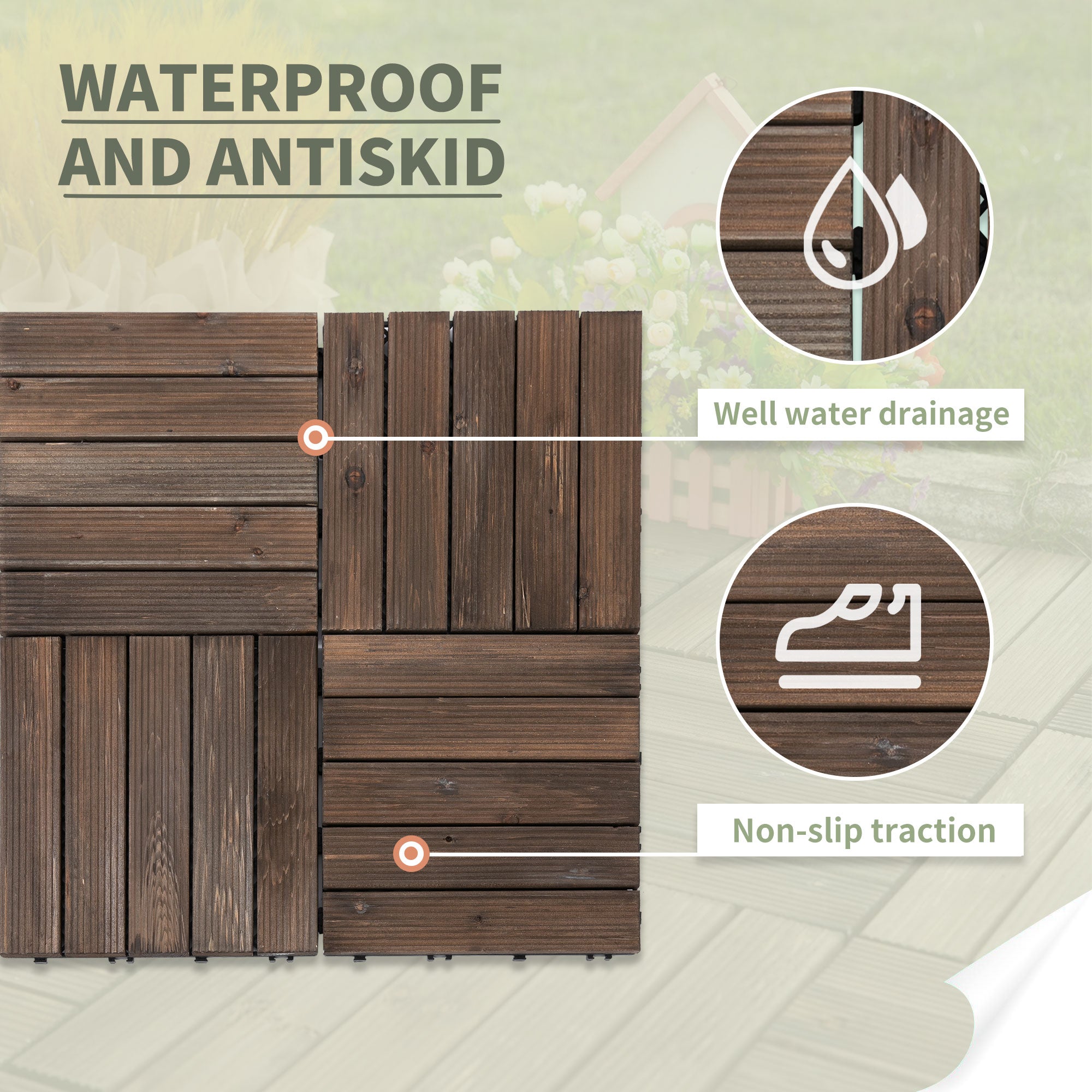 Outsunny 27 Pcs Solid Wood Interlocking Decking Tiles For Patio, Balcony, Roof Terrace, Hot Tub, Black, (30 x 30 cm Per Piece) - North Peak Garden Furniture