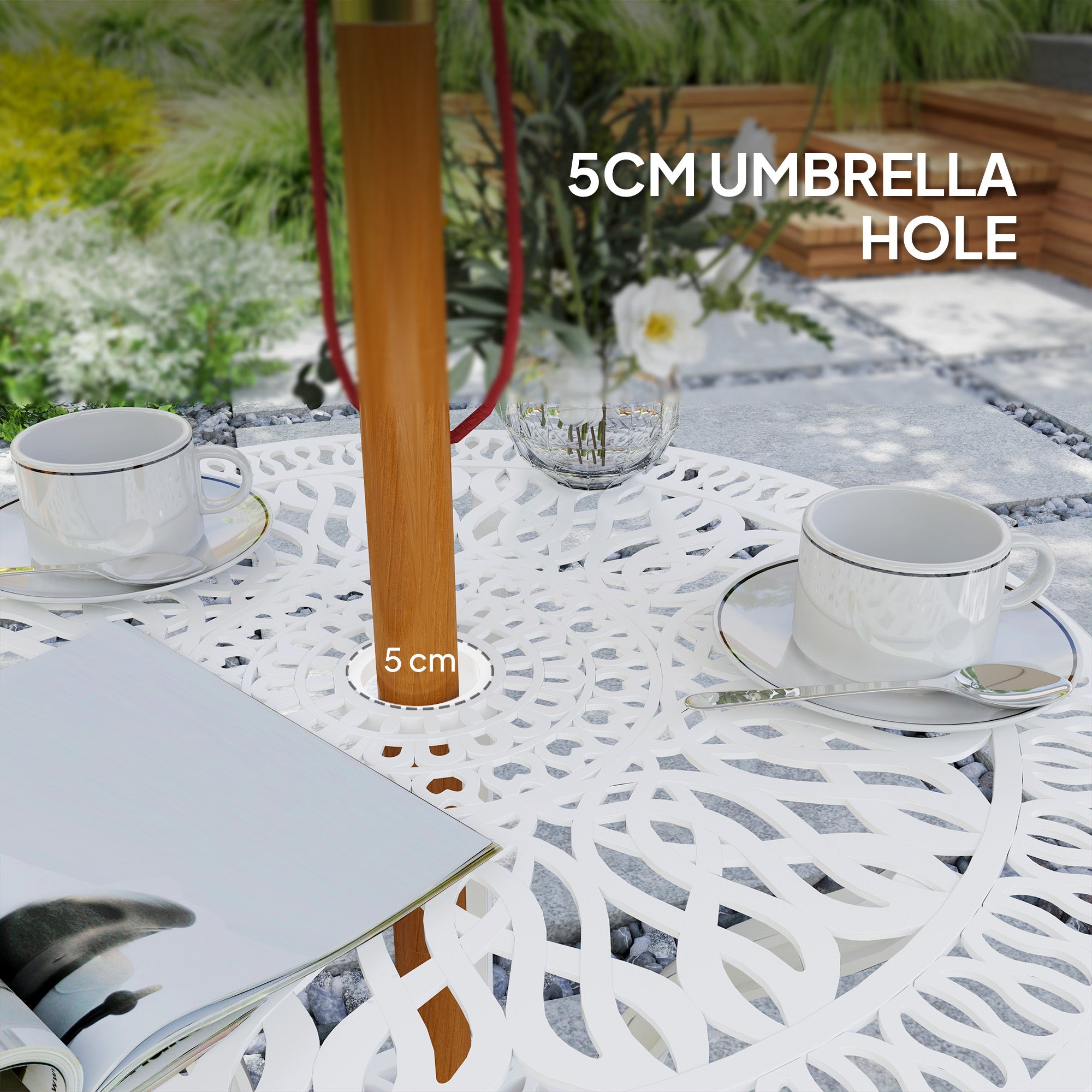Outsunny 3 Piece Garden Bistro Set, Cast Aluminium Outdoor Furniture Set with Umbrella Hole for Balcony, Porch, Patio, White - North Peak Garden Furniture