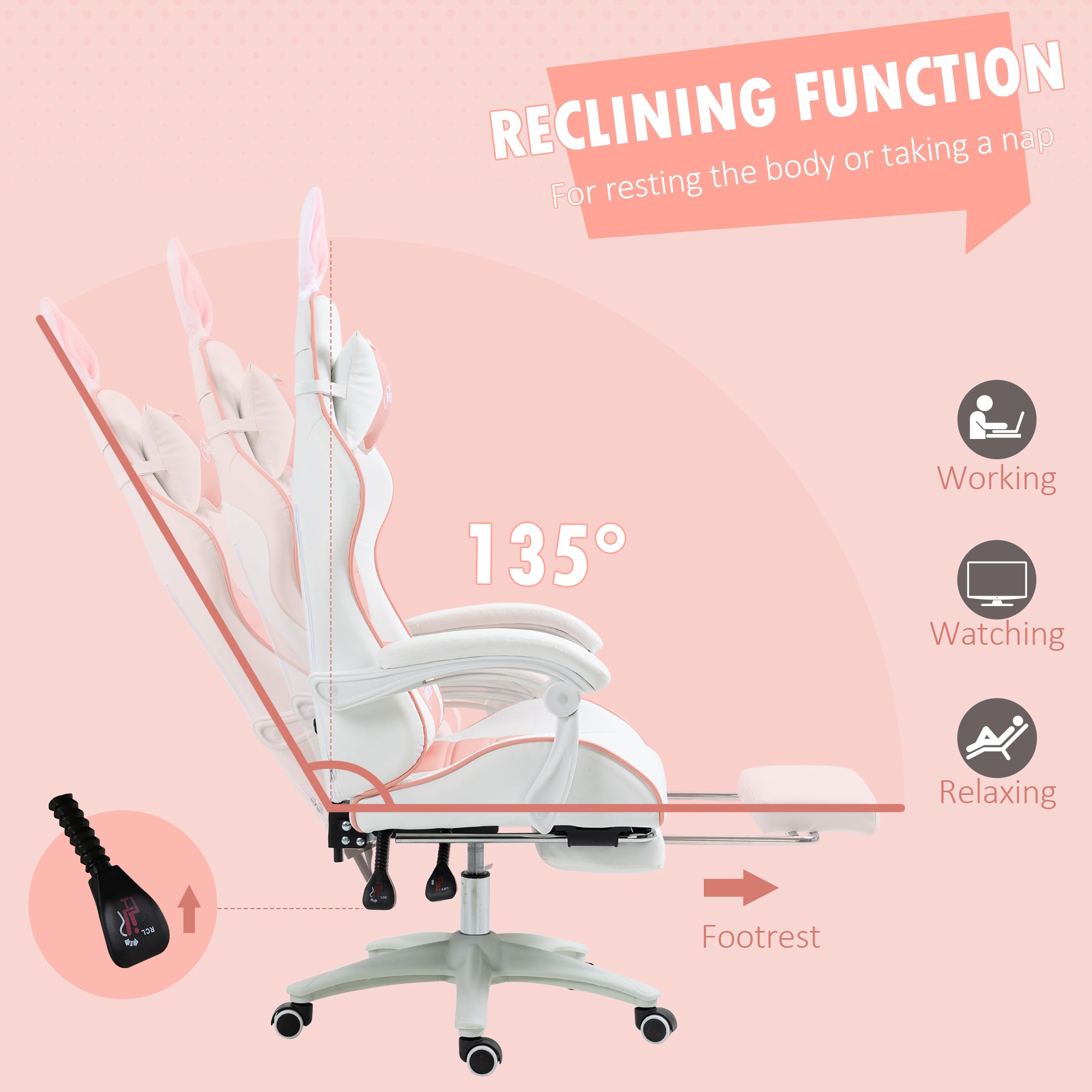 Vinsetto Racing Gaming Chair, Reclining PU Leather Computer Chair with Removable Rabbit Ears, Footrest, Headrest and Lumber Support, Pink - North Peak Garden Furniture