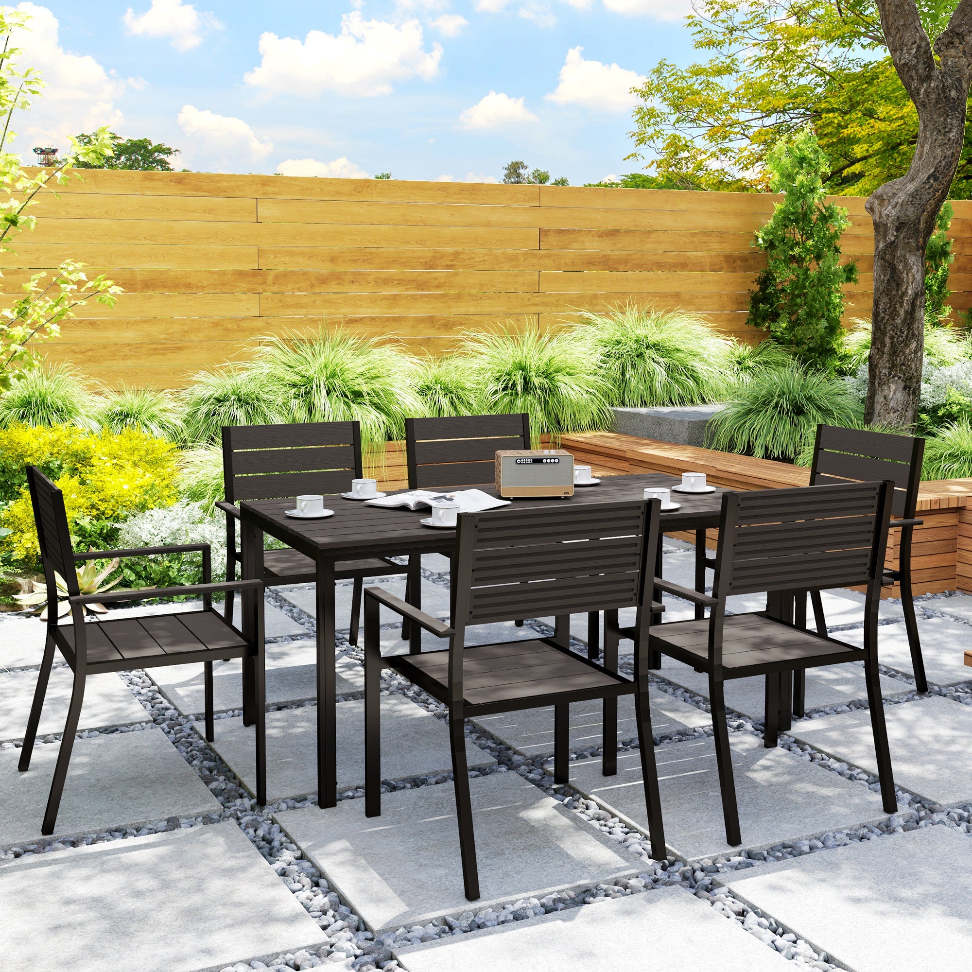 Outsunny 7 Piece Garden Furniture Set, 160 x 80 cm Rectangle Table and 6 Stackable Chairs Set, Outdoor Dining Set for Balcony, Deck, Dark Brown - North Peak Garden Furniture
