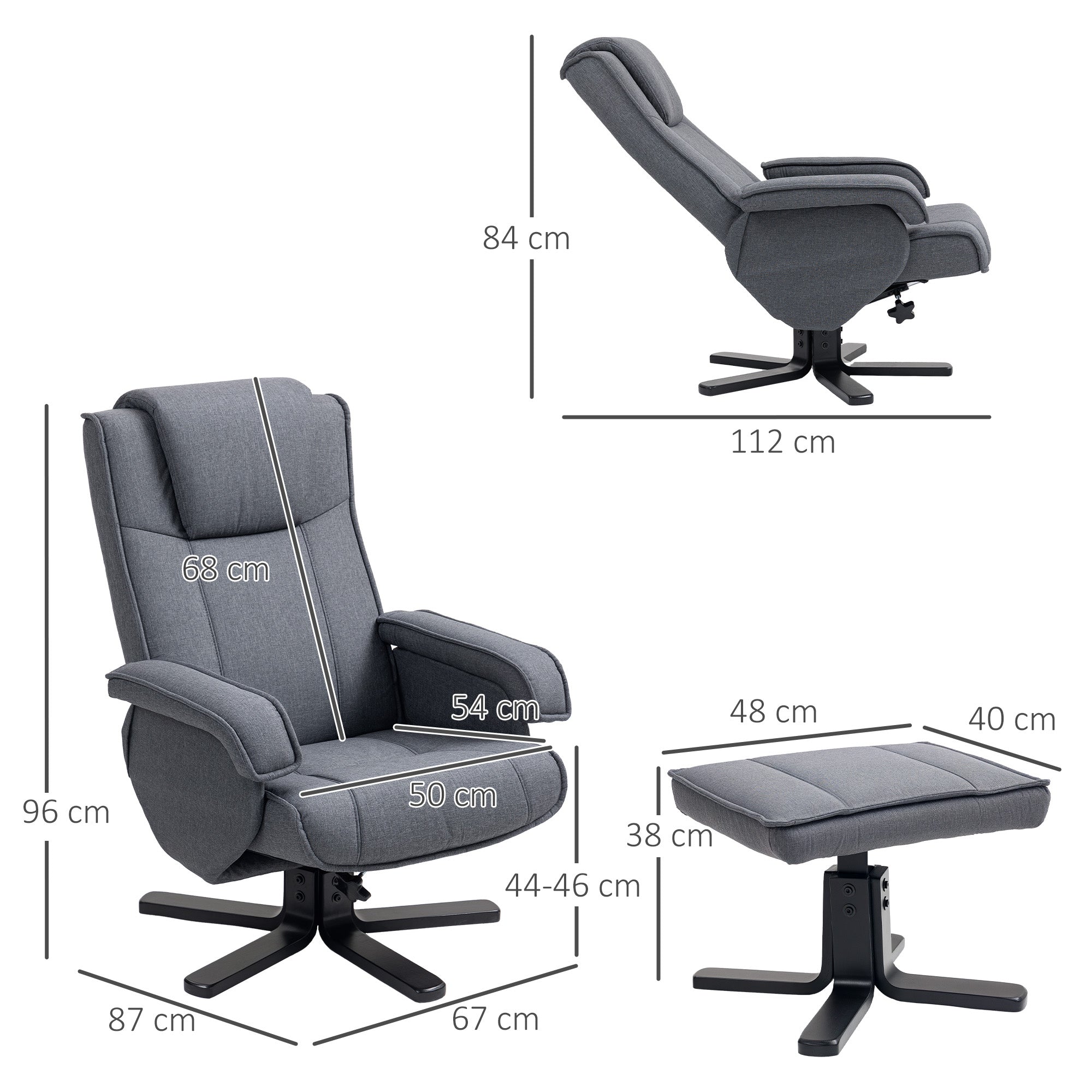HOMCOM Rocker Swivel Recliner Chair with Footstool - Charcoal Grey Linen - North Peak Garden Furniture