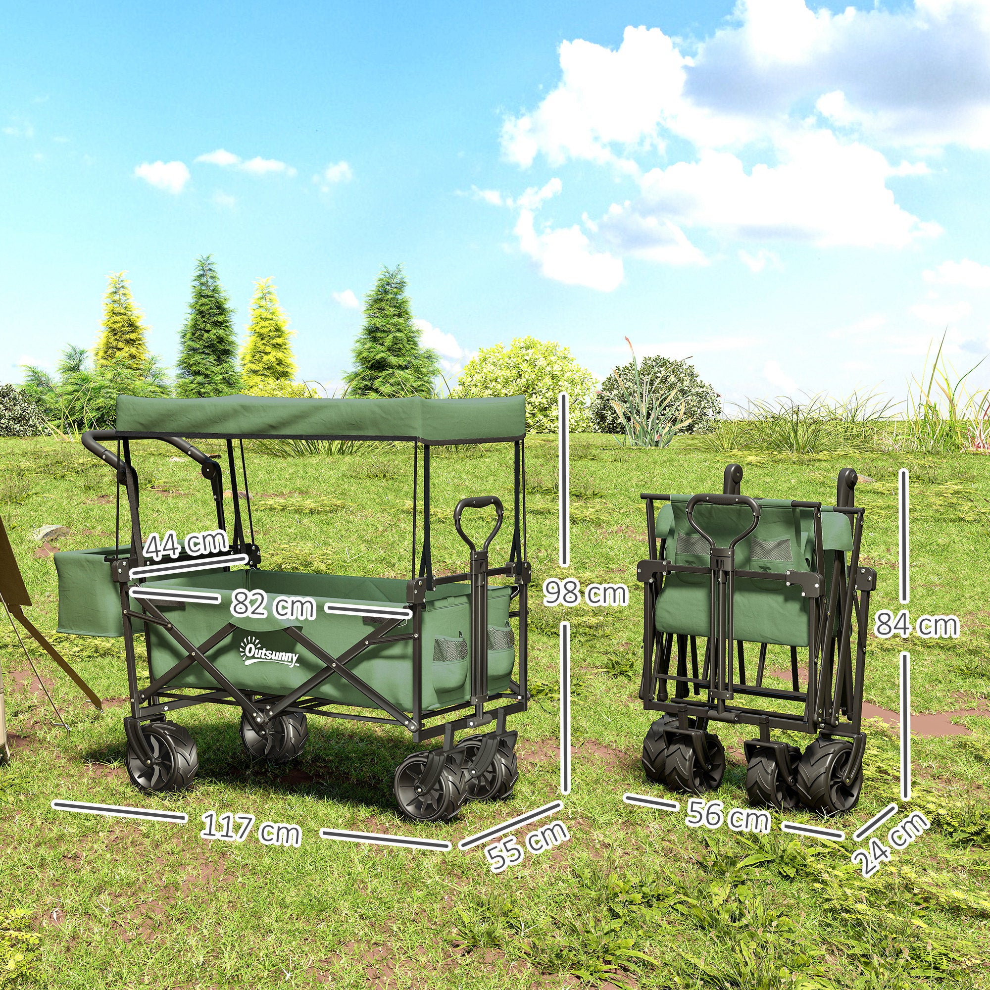 Outsunny Folding Trolley Cart Storage Wagon Beach Trailer 4 Wheels with Handle Overhead Canopy Cart Push Pull for Camping, Green - North Peak Garden Furniture
