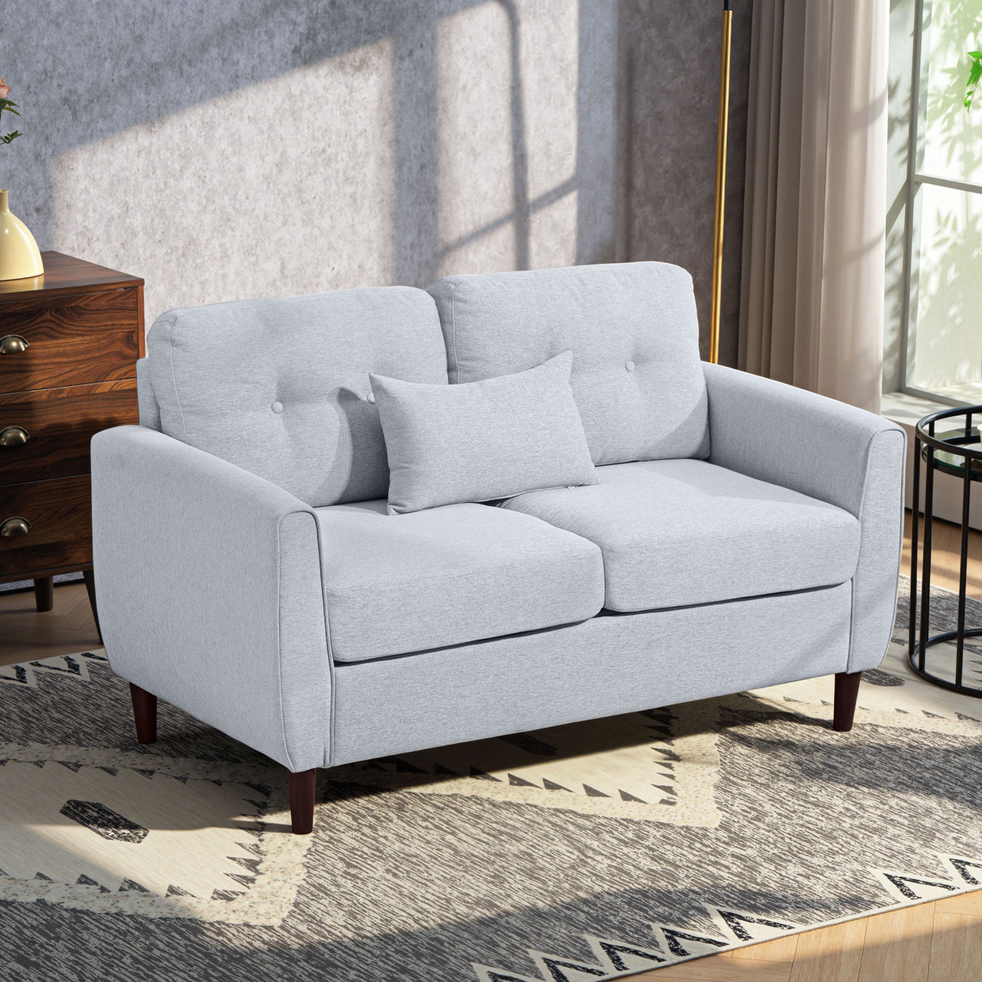 HOMCOM 2 Seater Sofa Double Sofa Loveseat Fabric Wooden Legs Tufted Design for Living Room, Dining Room, Office, Light Grey