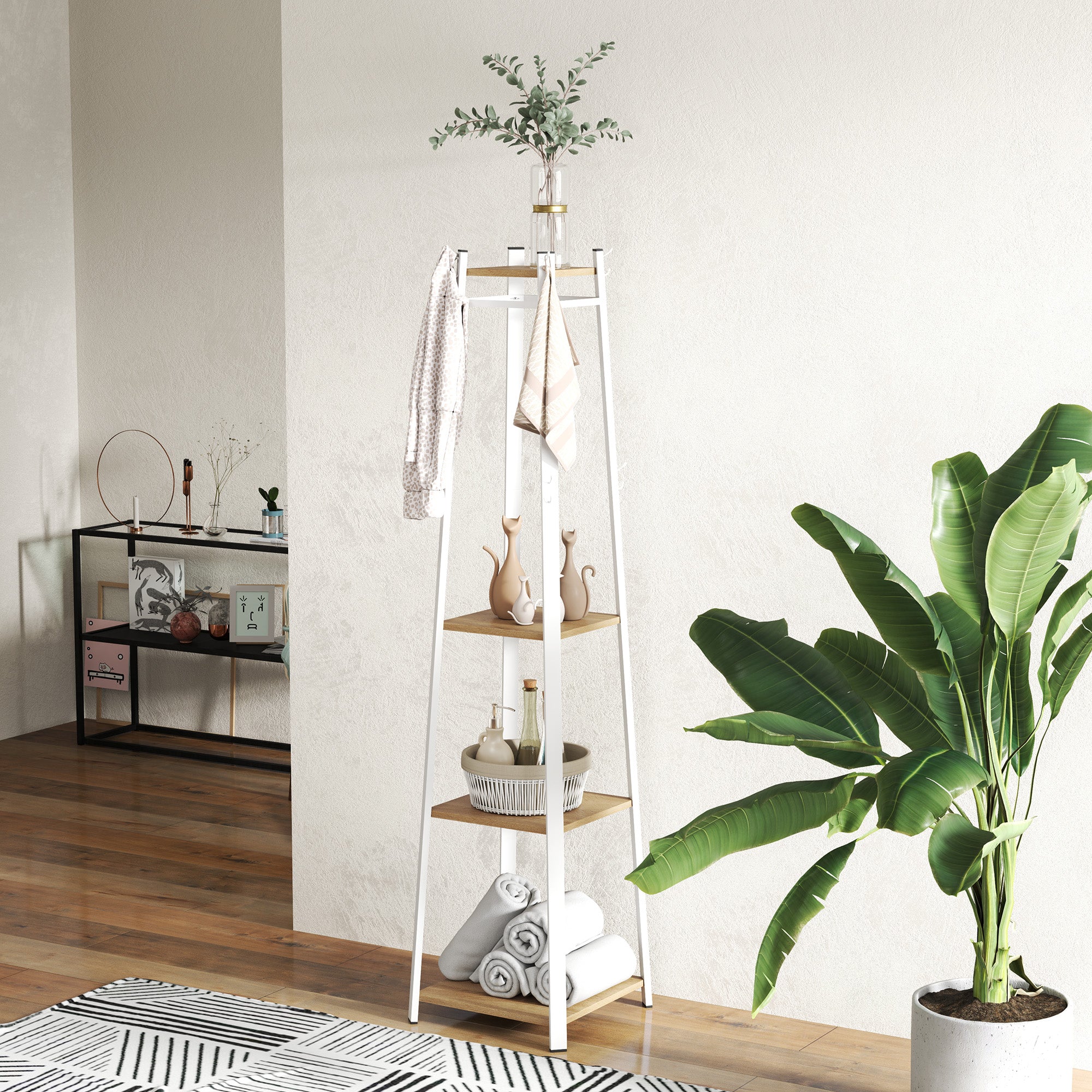 HOMCOM Compact Freestanding Coat Rack - White/Oak - North Peak Garden Furniture