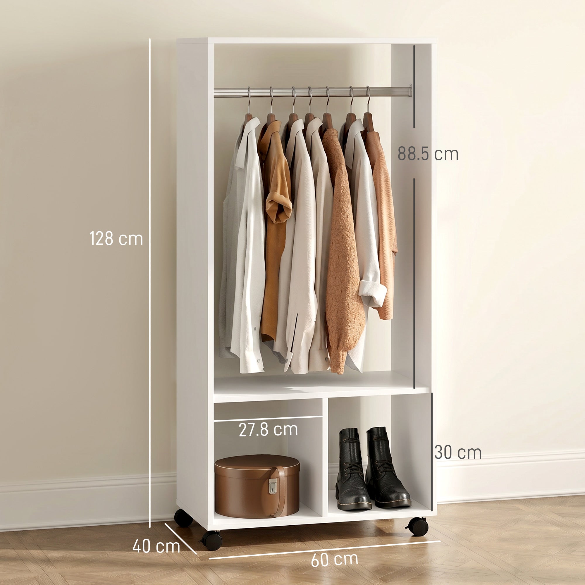 HOMCOM Open Wardrobe for Bedroom, Small Wardrobe on Wheels with Clothes Rail, Storage Shelves, Mobile Garment Rack for Clothes Storage, Cloakroom, Hallway, White