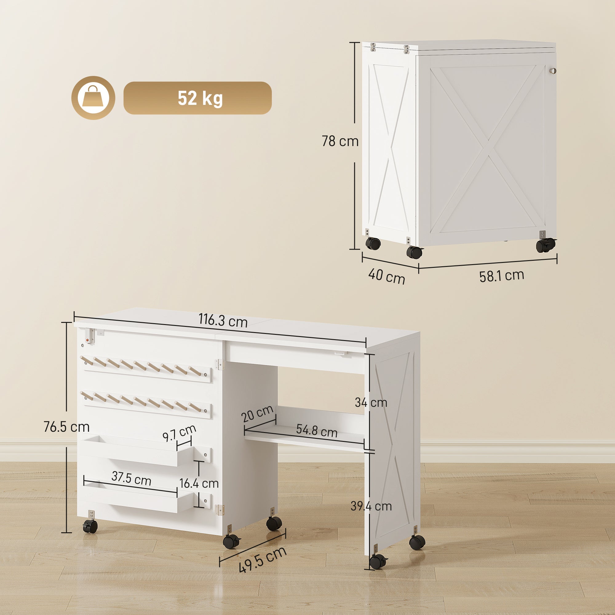 HOMCOM Folding Sewing Table, Rolling Craft Table with Storage compartments, Shelf and Lockable Casters for Small Spaces, White