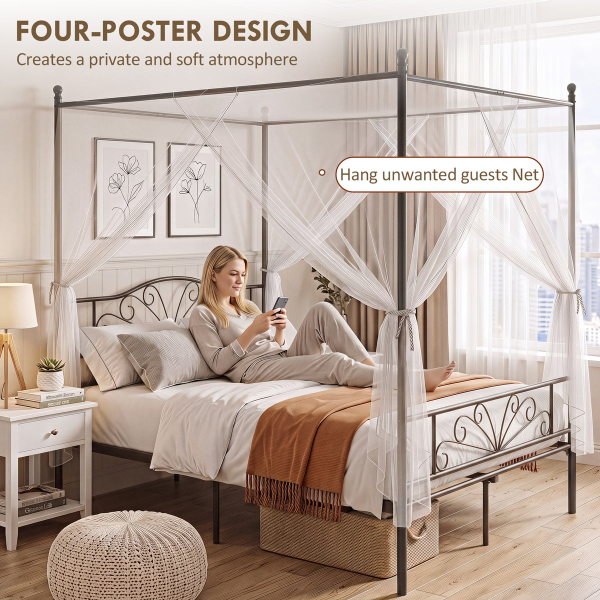 HOMCOM Canopy Bed Frame Double Size, Metal Platform Bed Frame with Headboard and Footboard, Underbed Storage, Black