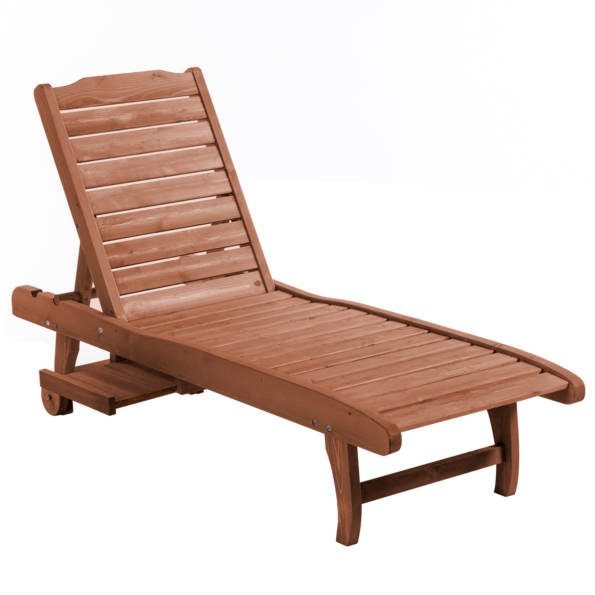 Outsunny Outdoor Wooden Lounger Chair, Sun Bed with Built-In Table, Adjustable Backrest and Wheels, Red Brown - North Peak Garden Furniture