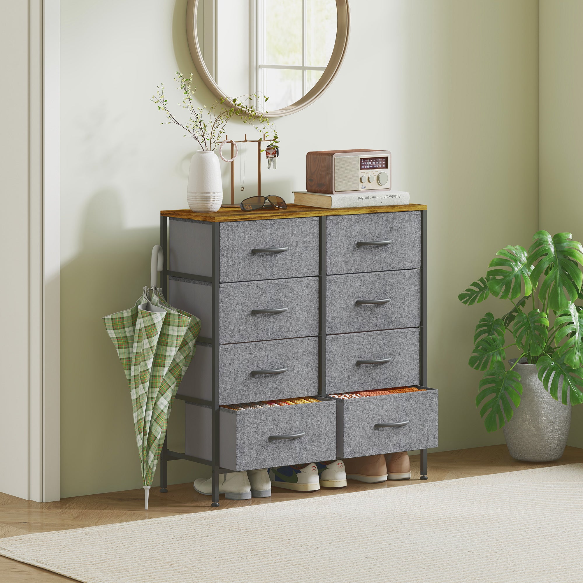 HOMCOM Fabric Chest of Drawers, Industrial Bedroom Dresser with 8 Fabric Drawers, Steel Frame and Wooden Top for Nursery, Living Room, Hallway, Rustic Brown and Grey