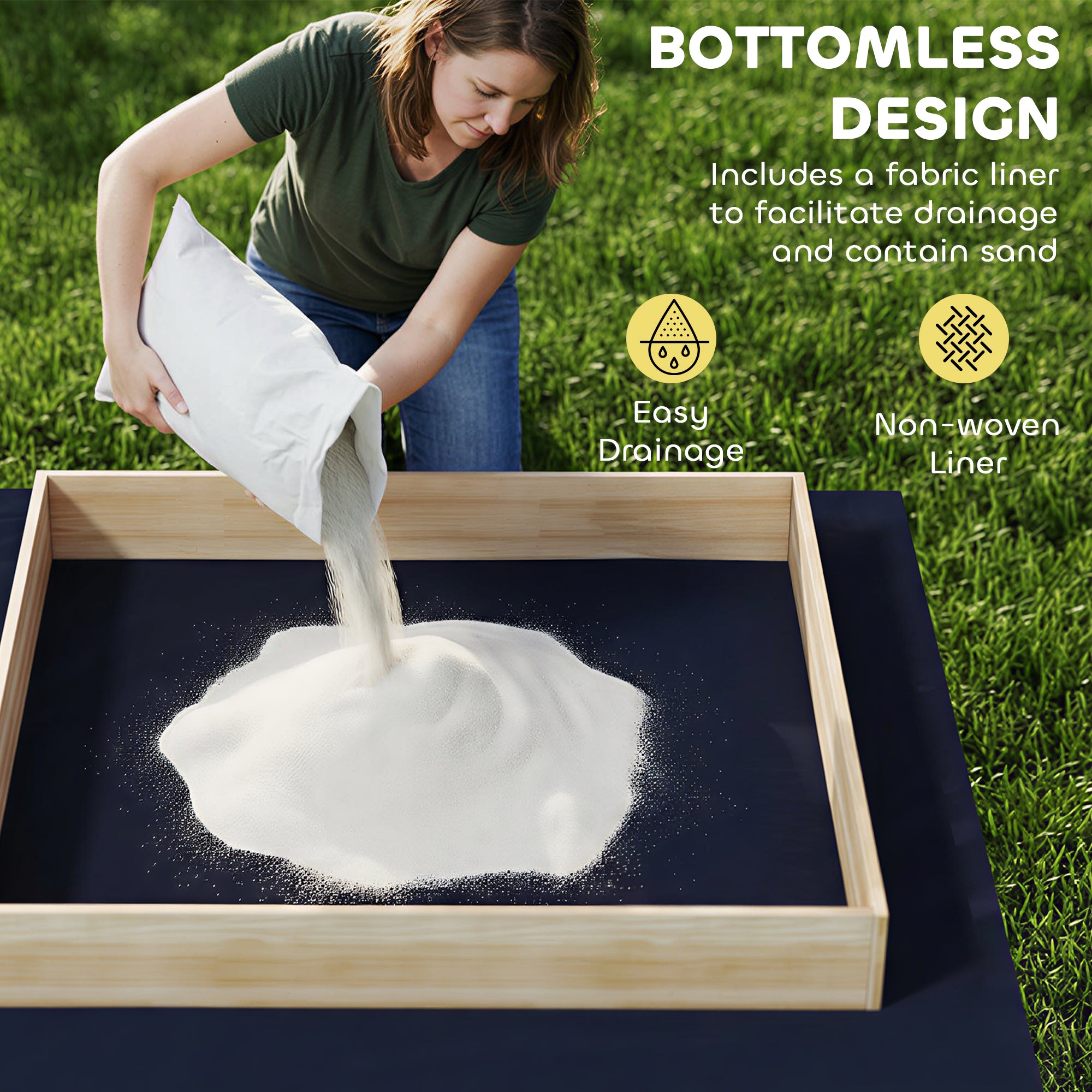 AIYAPLAY Wooden Sand Pit with Digger, Kids Sandbox Outdoor, SandPit with 360° Swivel Seat and Bottom Liner