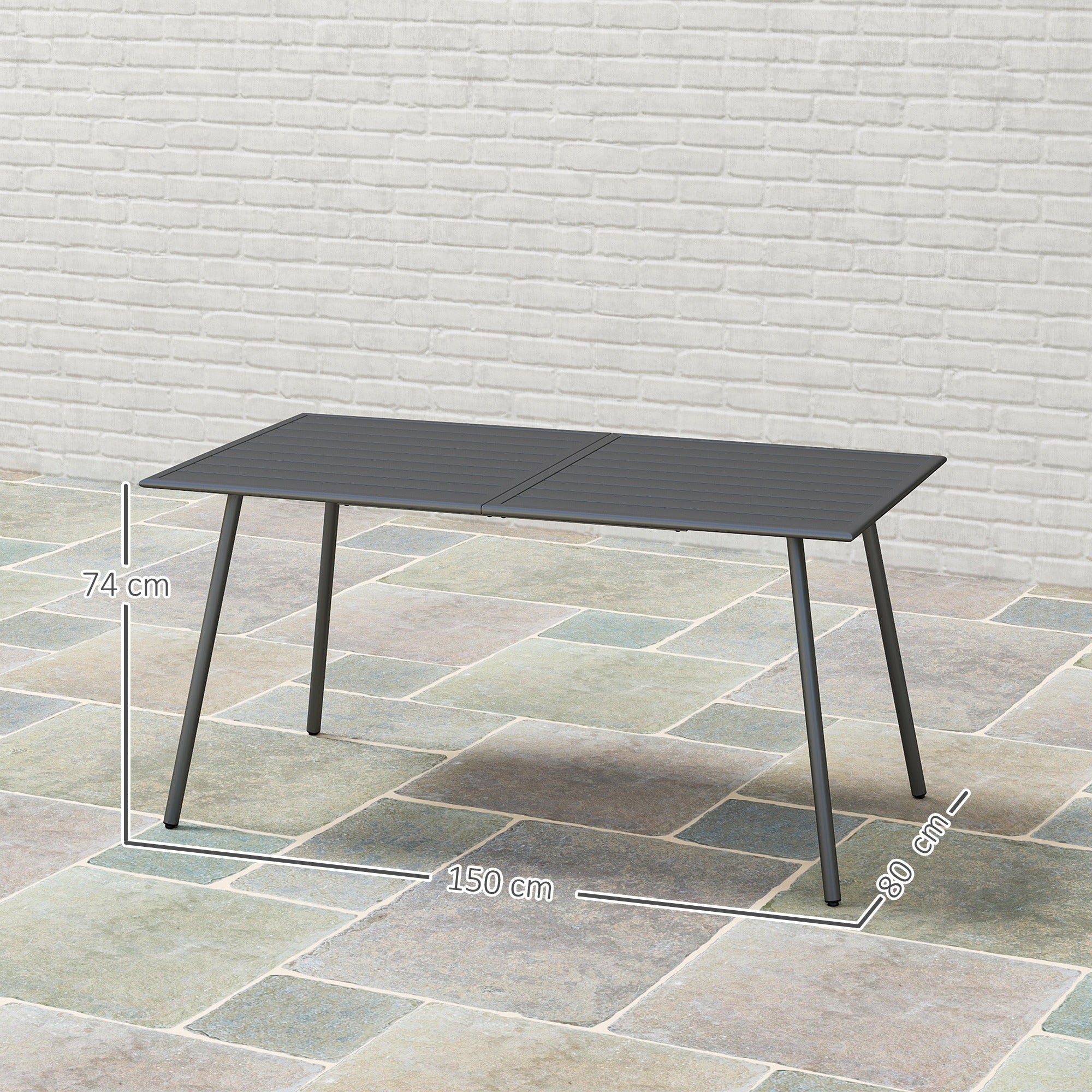 Outsunny Rectangle Garden Table with Slat Top, Steel Frame, Outdoor Table for 6 Person, 150 x 80 x 74 cm, Grey - North Peak Garden Furniture