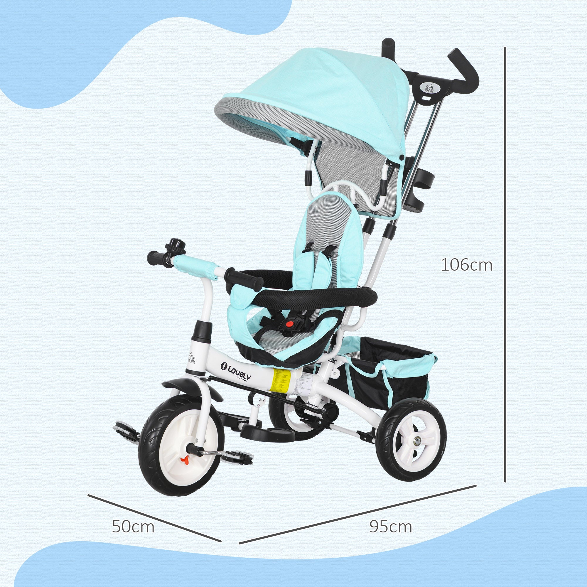 HOMCOM 6 in 1 Kids Trike Push Bike w/ Push Handle, Canopy, 5-point Safety Belt, Storage, Footrest, Brake, for 1-5 Years, Green - North Peak Garden Furniture