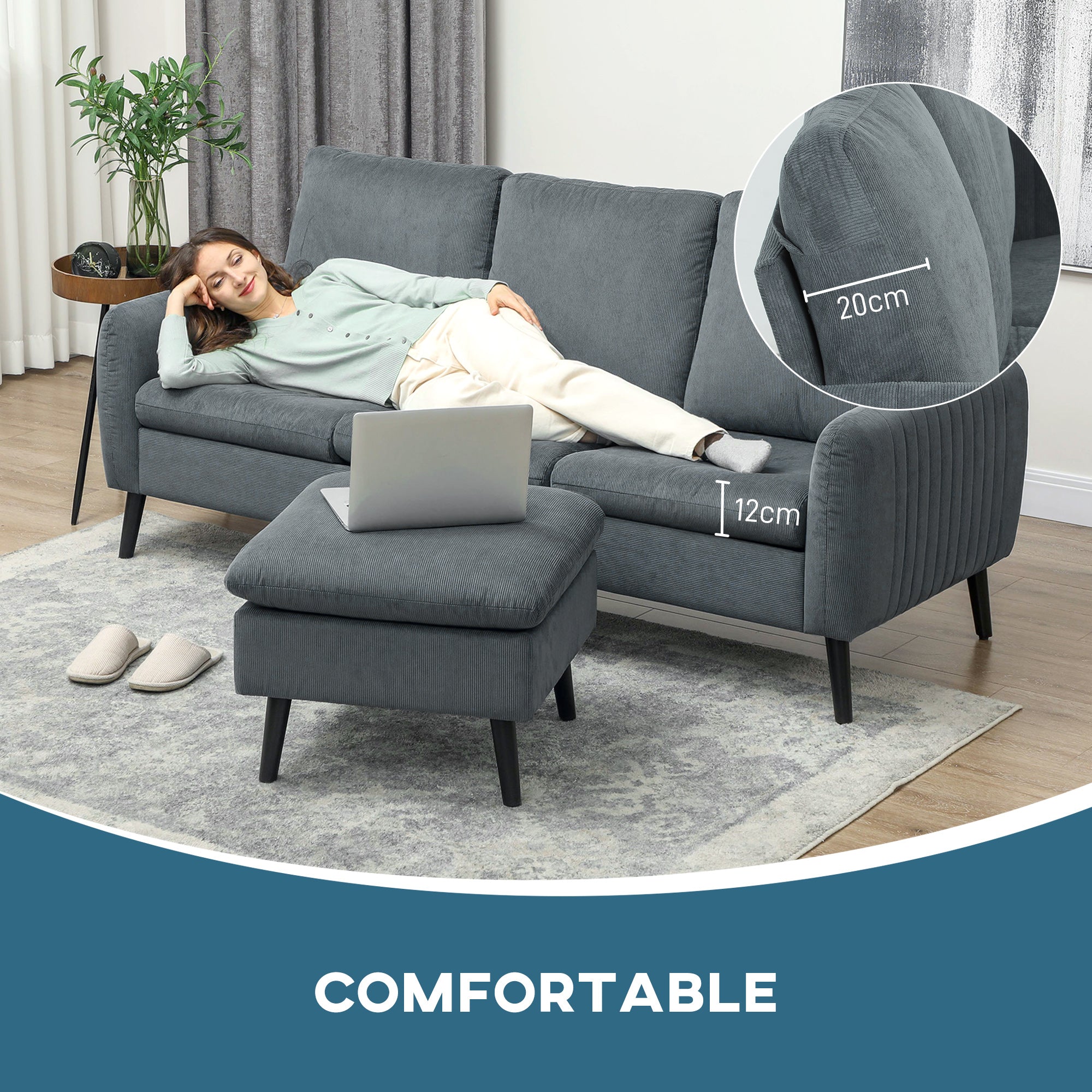HOMCOM Corner Sofa with Reversible Chaise Lounge, Corduroy Fabric 3 Seater Sofa Settee for Living Room, L Shaped Couch with Scatter Back, Left/Right Hand, Charcoal Grey - North Peak Garden Furniture