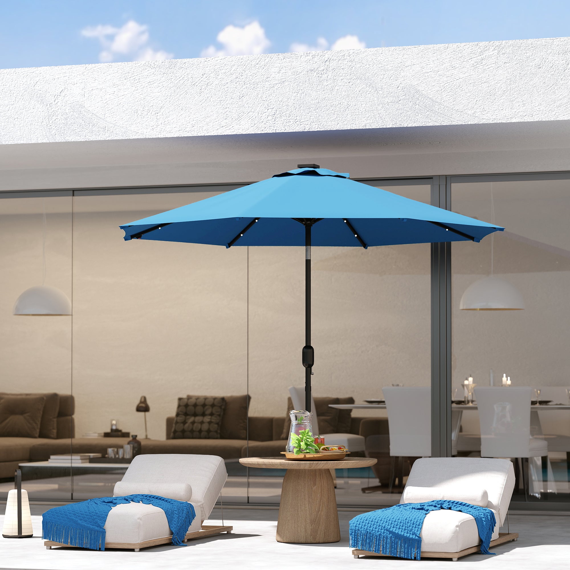 Outsunny 2.7m LED Light Parasol Umbrella - Blue - North Peak Garden Furniture