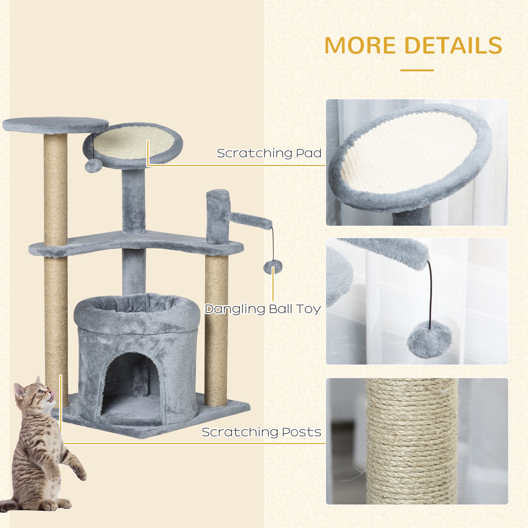 PawHut 87 cm Cat Tree for Indoor Cats, Kitten Tree Tower with Scratching Posts Pad, Cat Condo, Plush Perches, Hanging Ball - Grey