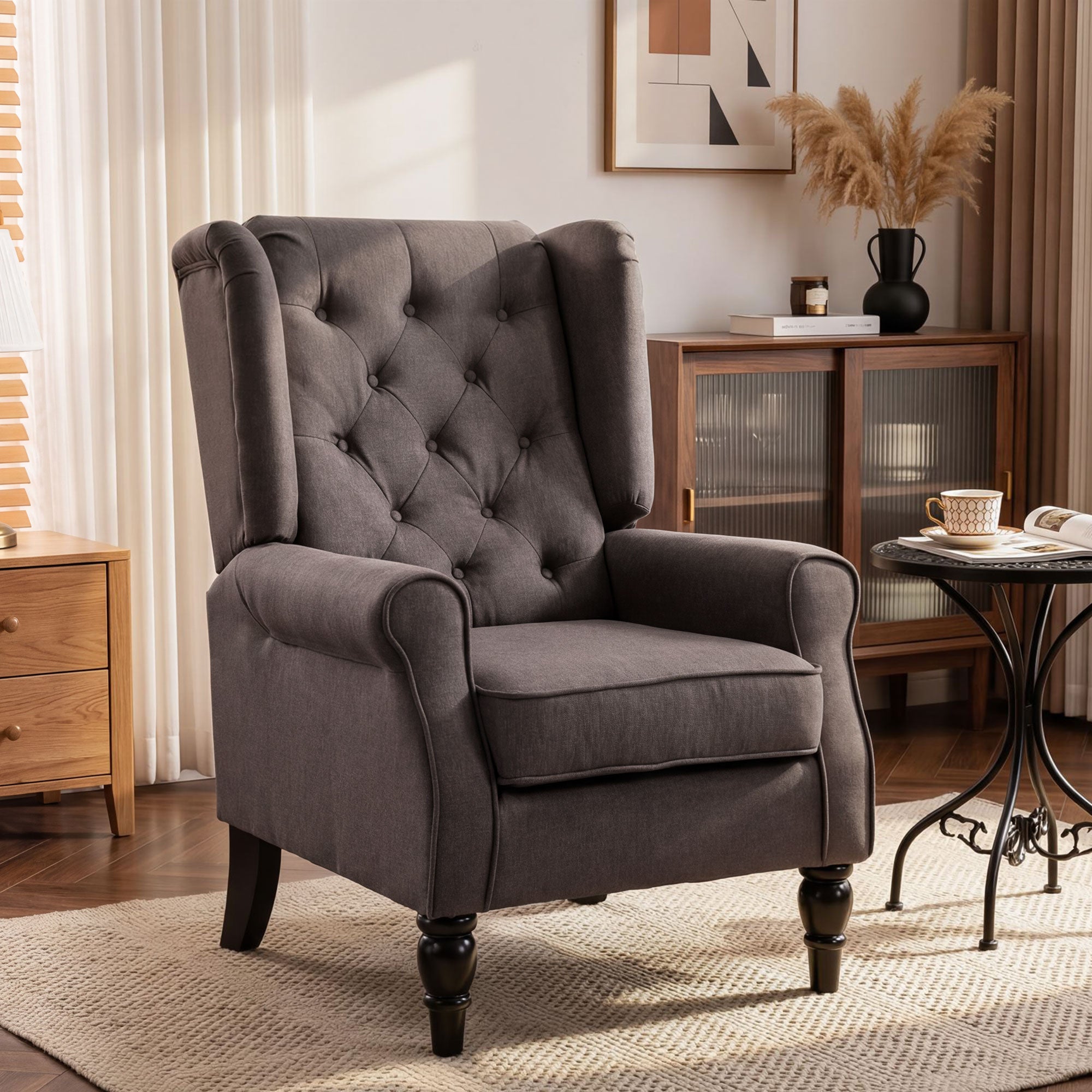 HOMCOM Retro Accent Chair, Wingback Armchair with Wood Frame Button Tufted Design for Living Room Bedroom, Brown