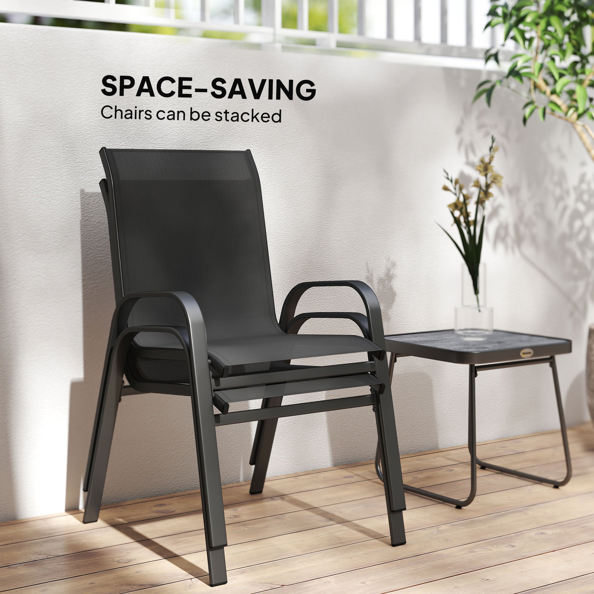 Outsunny 3 Pieces Outdoor Bistro Set, Patio Stackable Armchairs with Breathable Mesh Fabric and SPC Board Coffee Table, Black - North Peak Garden Furniture
