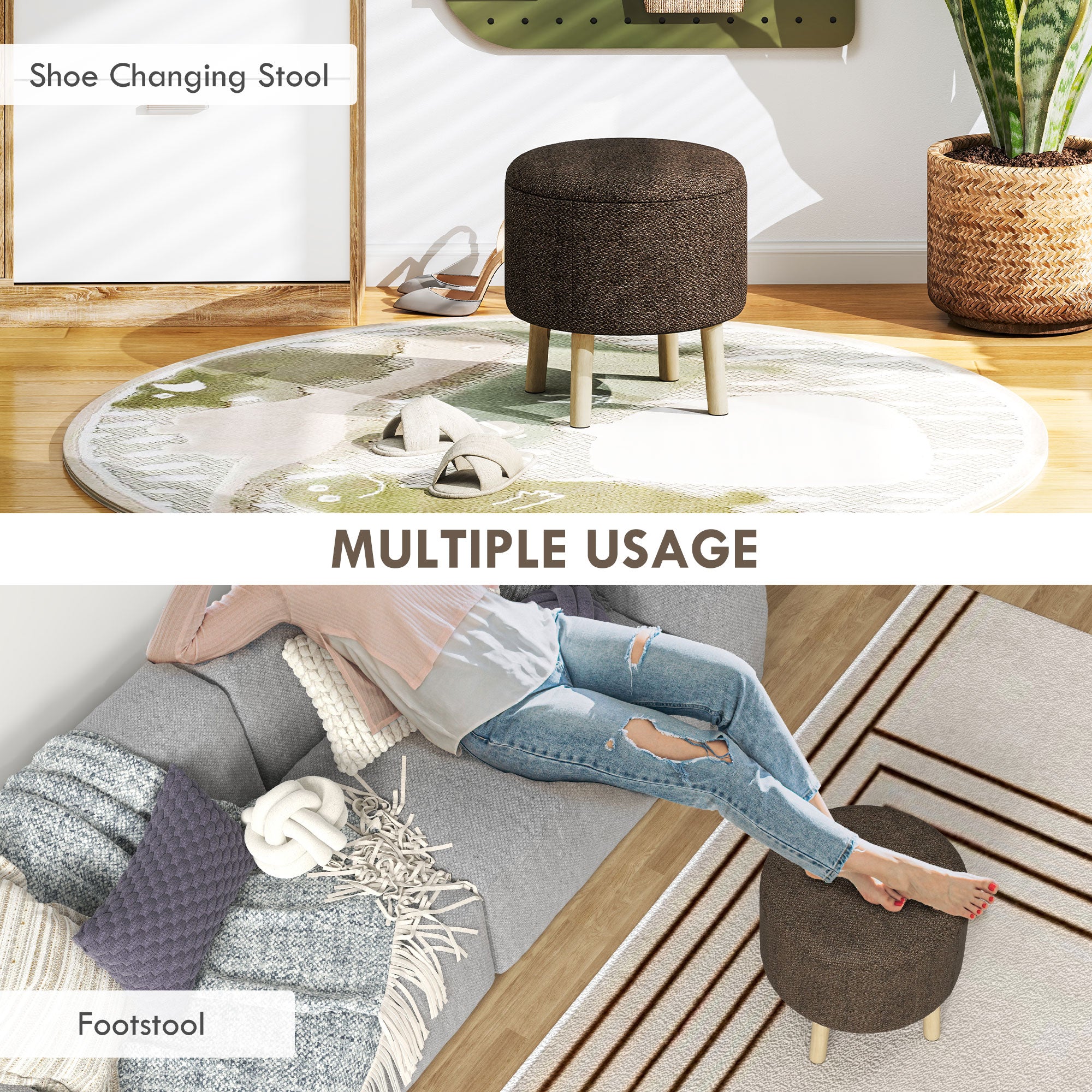 HOMCOM Round Ottoman Stool with Storage, Linen Fabric Upholstered Foot Stool with Padded Seat, Hidden Space and Wood Legs - North Peak Garden Furniture