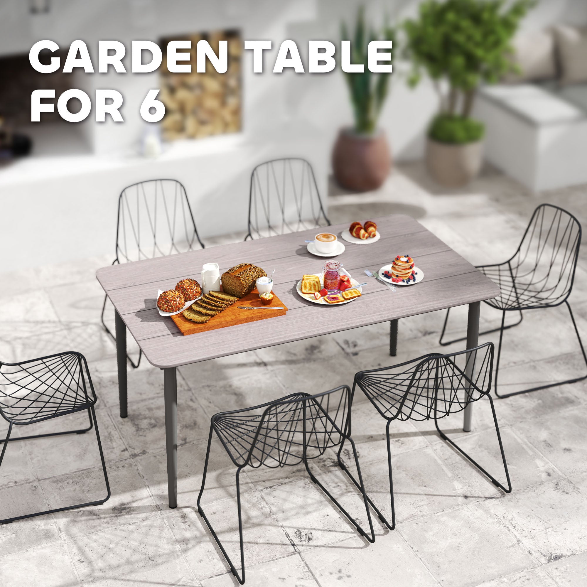 Outsunny Garden Table, Outdoor Dining Table for 6 People, 160 x 90 x 74 cm, with Rust Resistant Metal Frame, WPC Top, for Balcony, Terrace, Light Grey - North Peak Garden Furniture